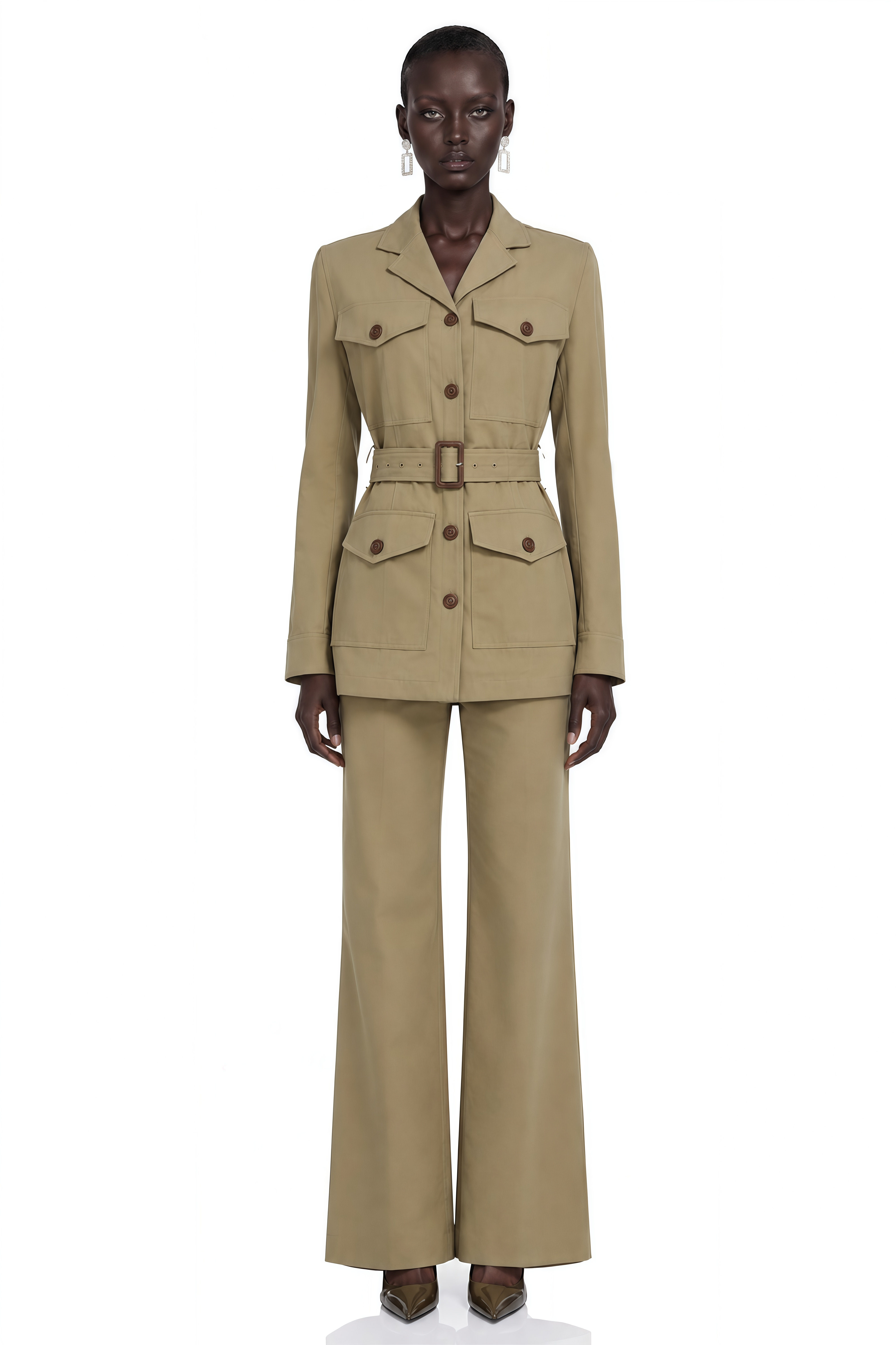 Ylfa Khaki Belted Jacket & Straight Leg Trousers Set