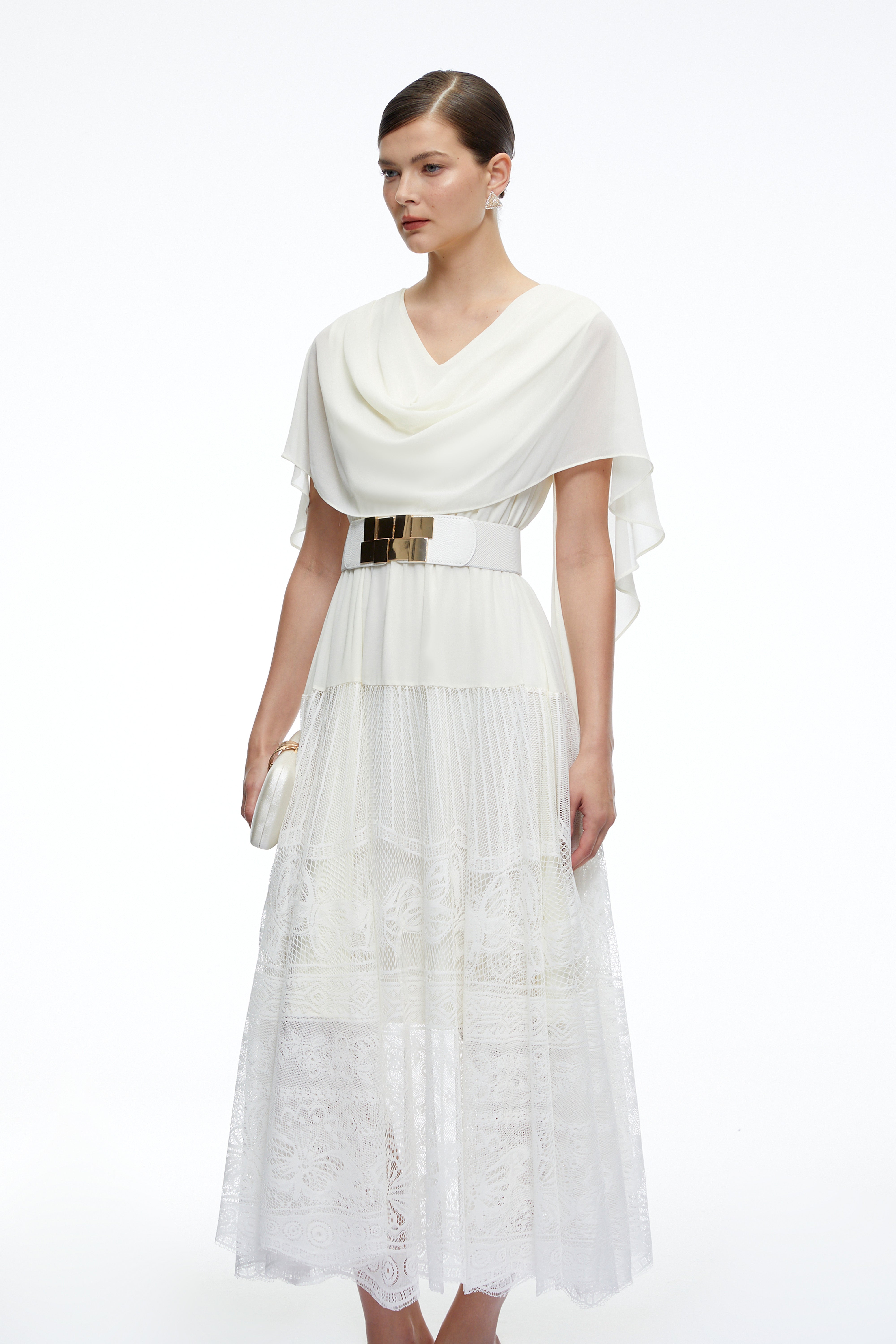 Yolaine White Cowl Neck Midi Dress with Lace Panels