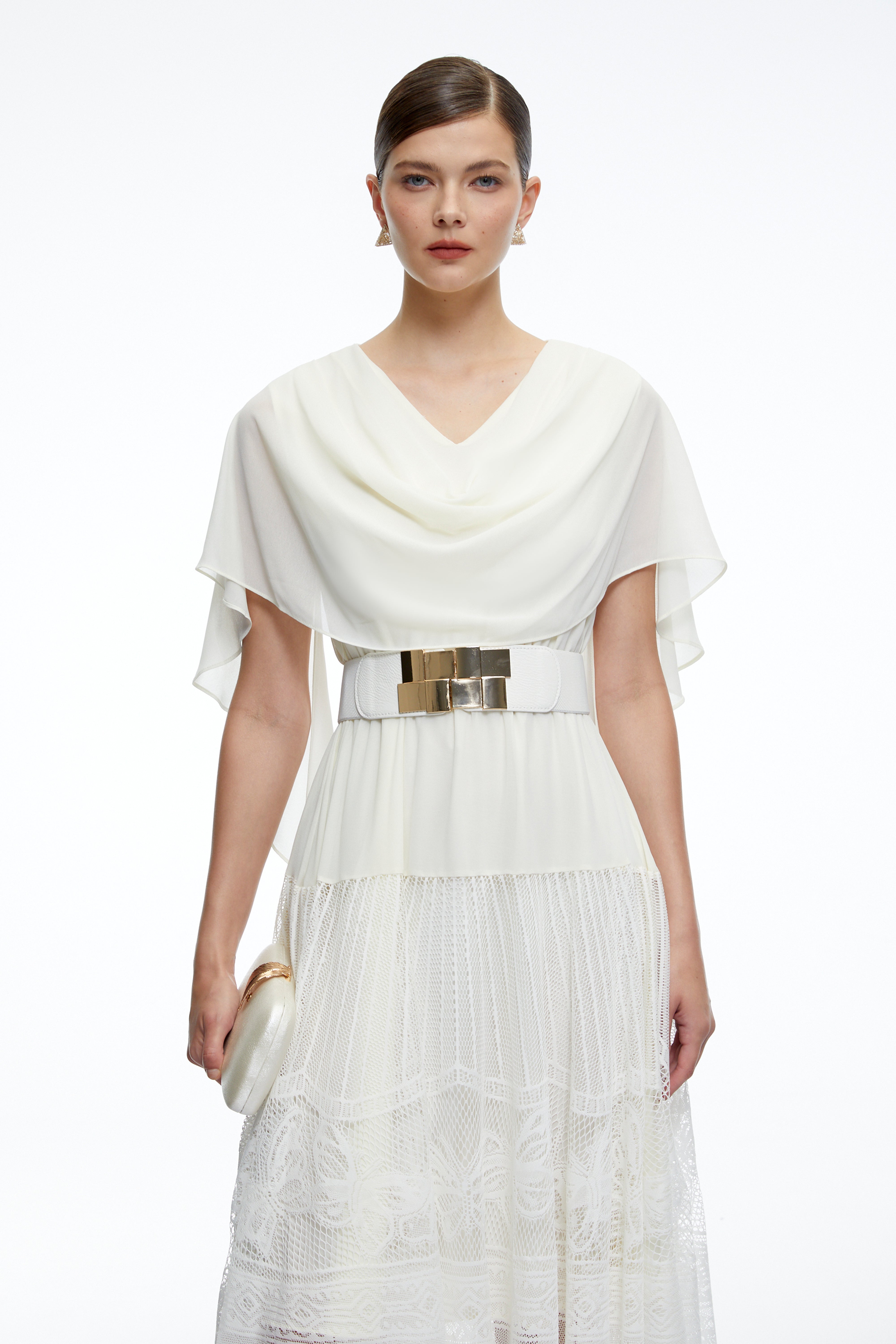 Yolaine White Cowl Neck Midi Dress with Lace Panels
