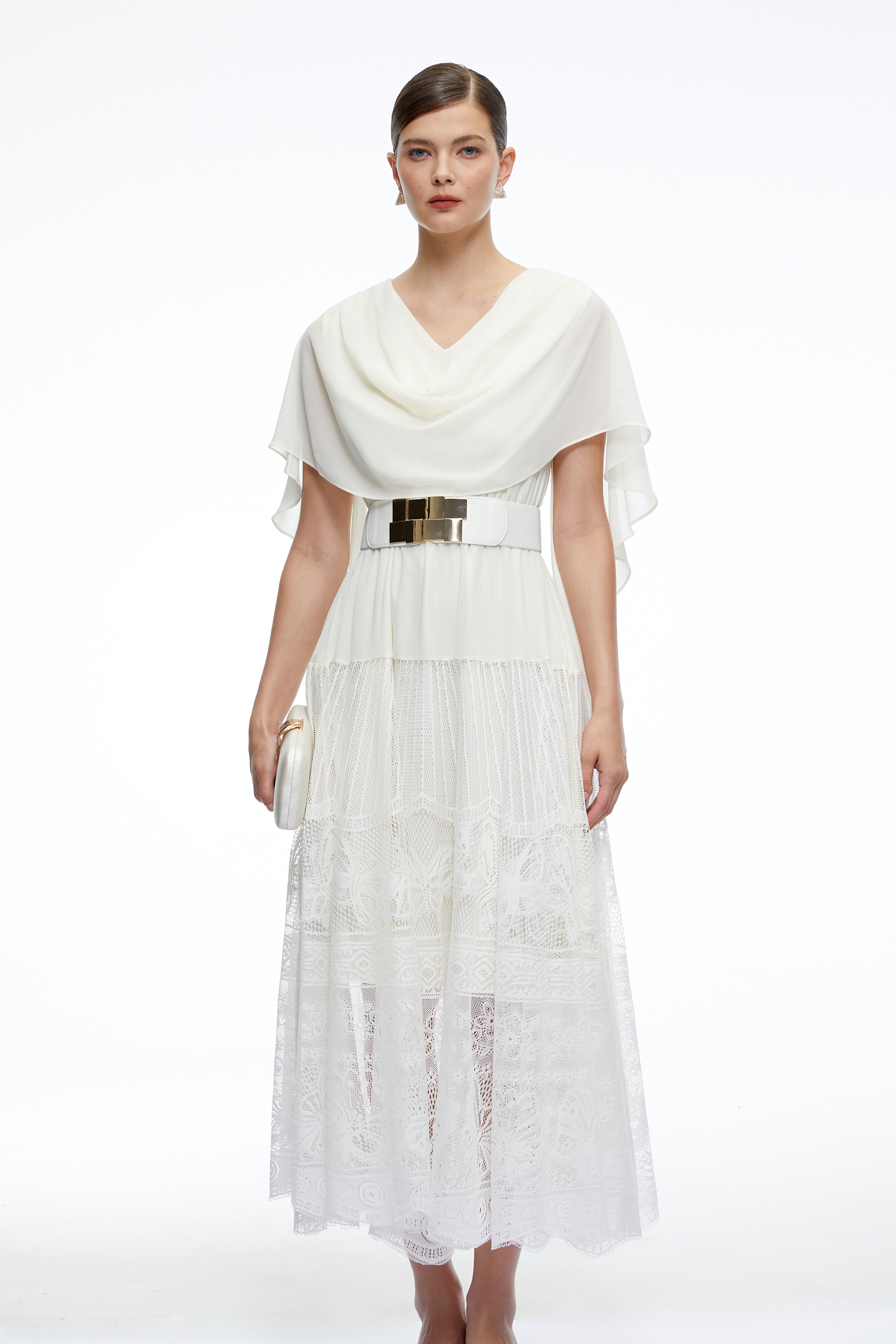 Yolaine White Cowl Neck Midi Dress with Lace Panels