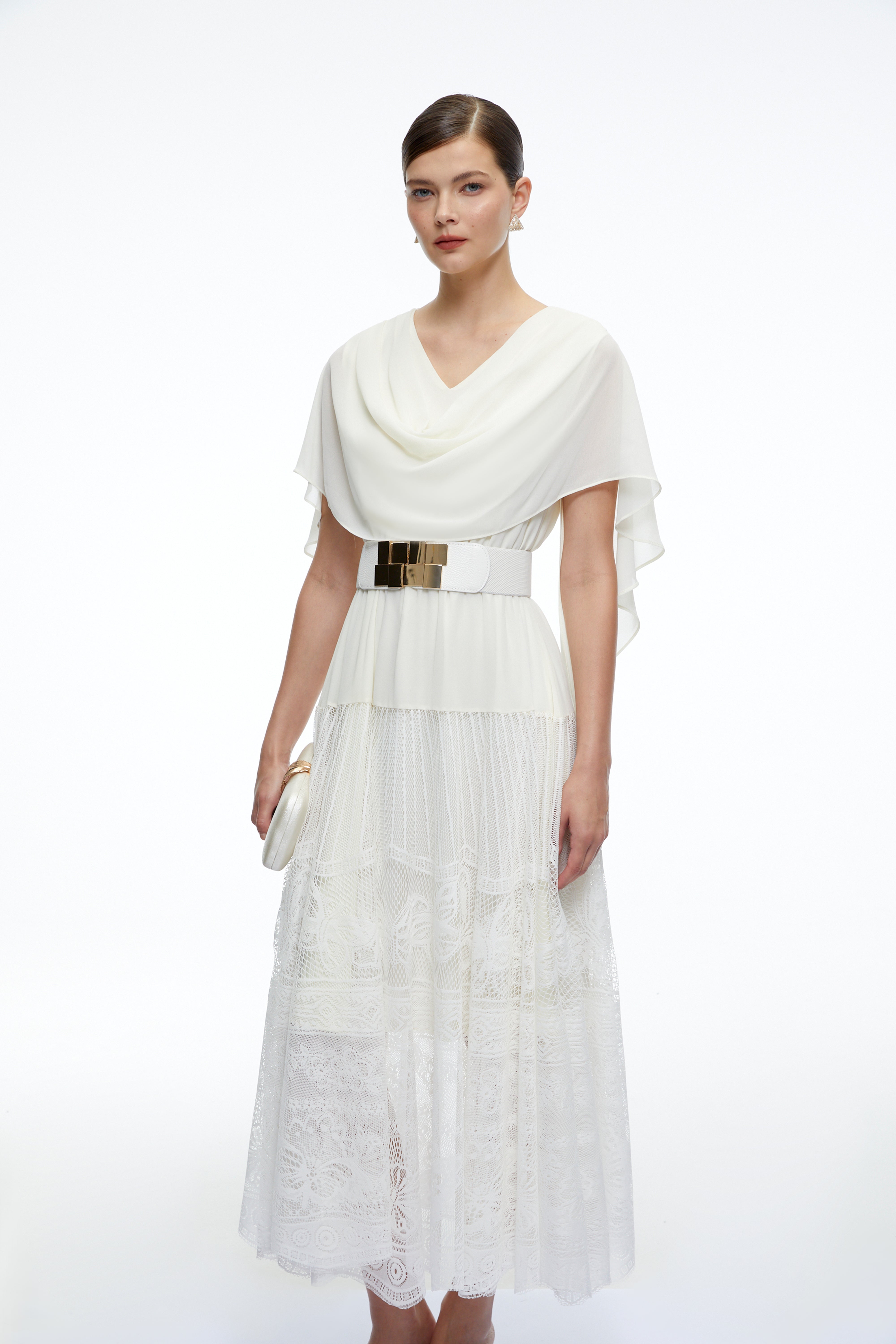 Yolaine White Cowl Neck Midi Dress with Lace Panels