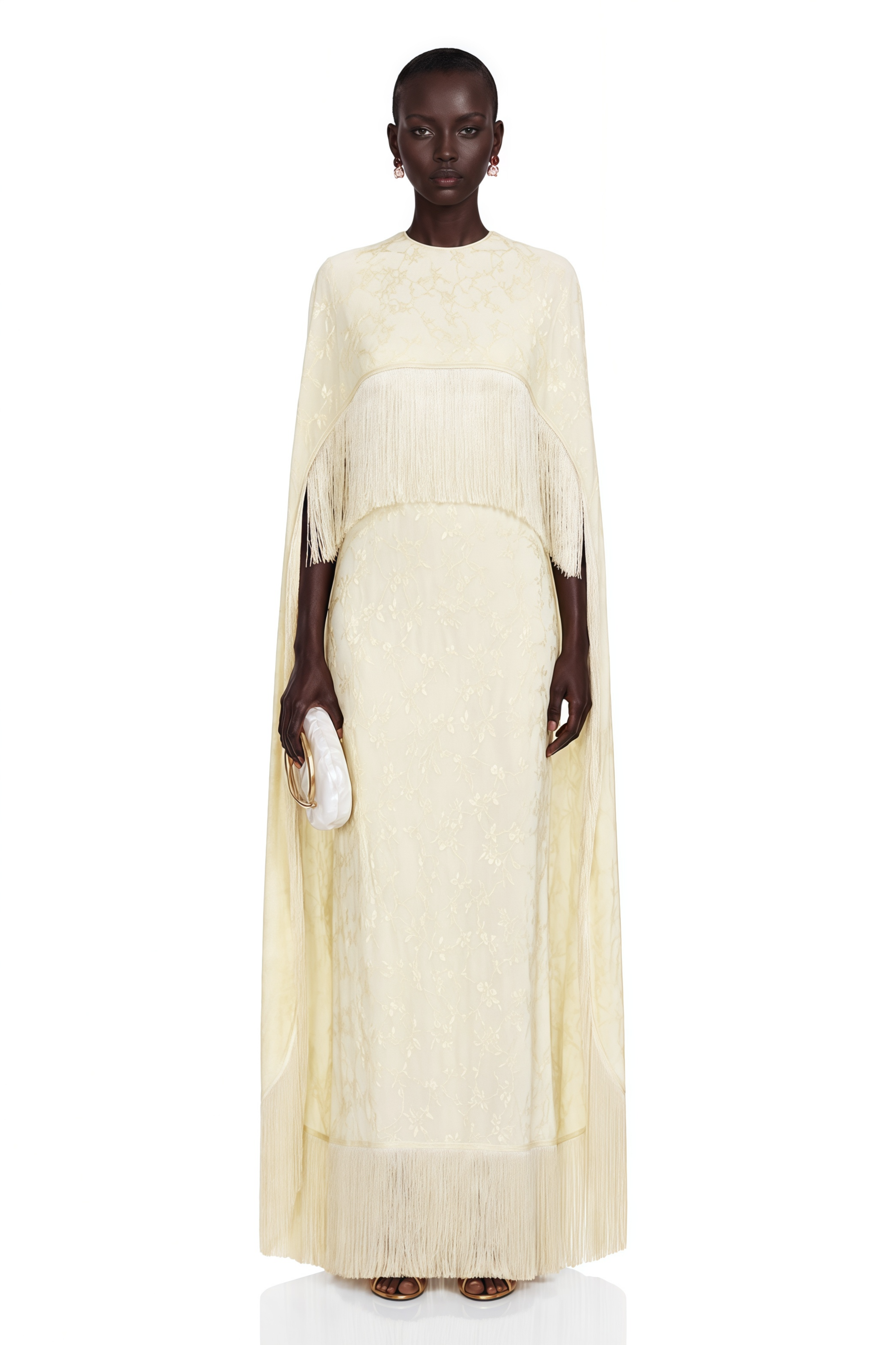 Robe longue Yolanda jaune pâle avec cape superposée et franges