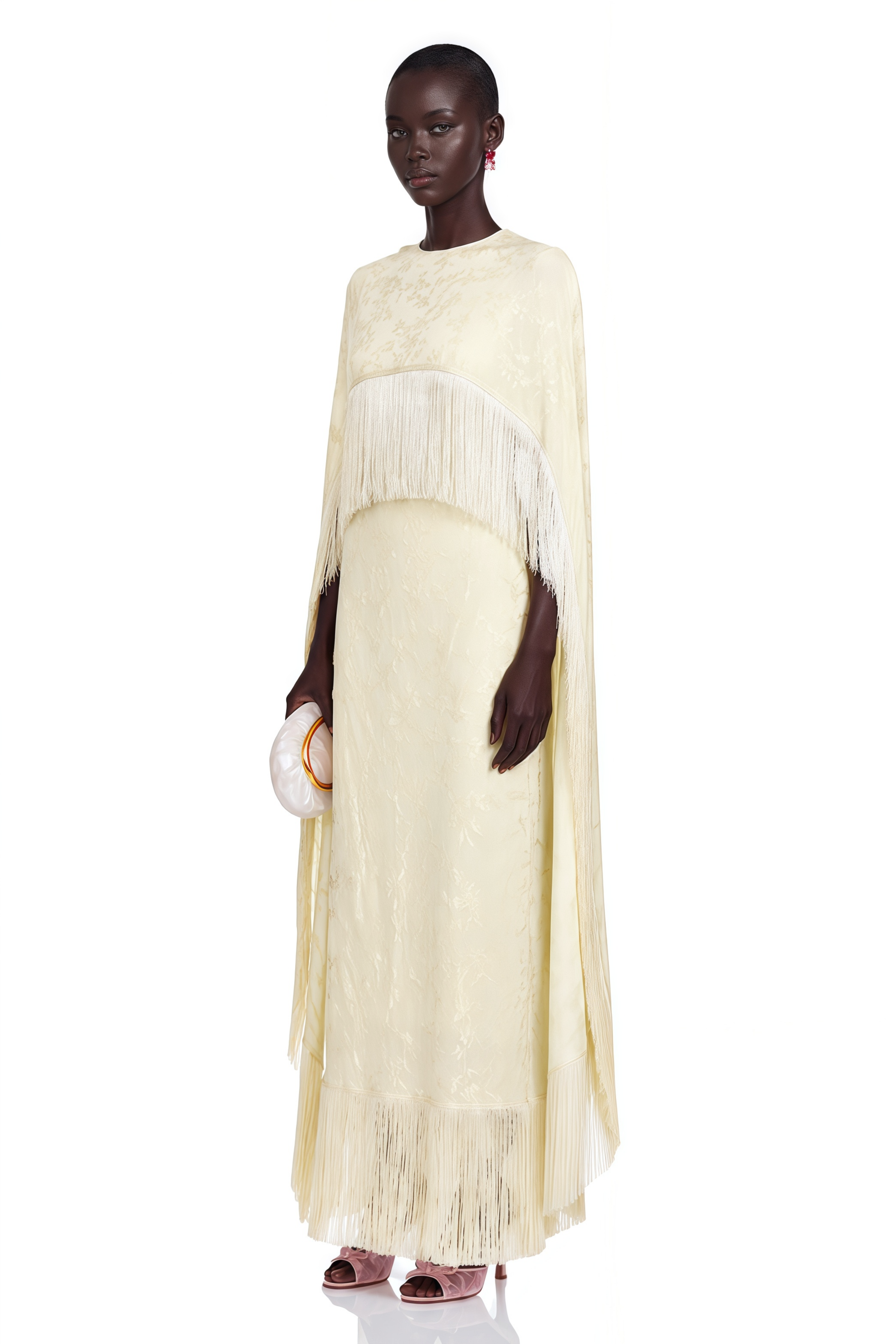 Yolanda Pale Yellow Maxi Dress with Cape Overlay and Fringe