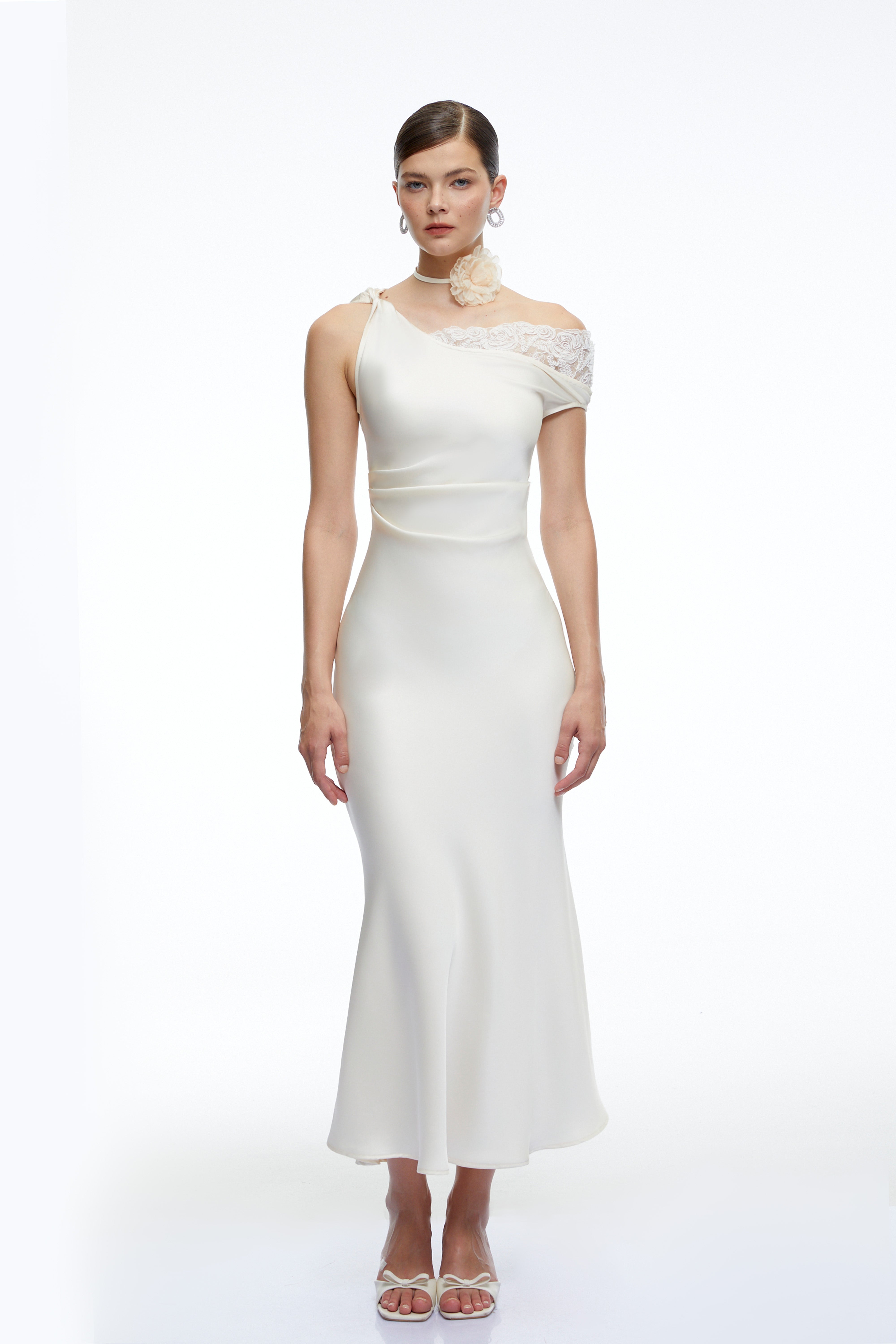 Ysilde White Asymmetrical Satin Midi Dress with Lace Trim