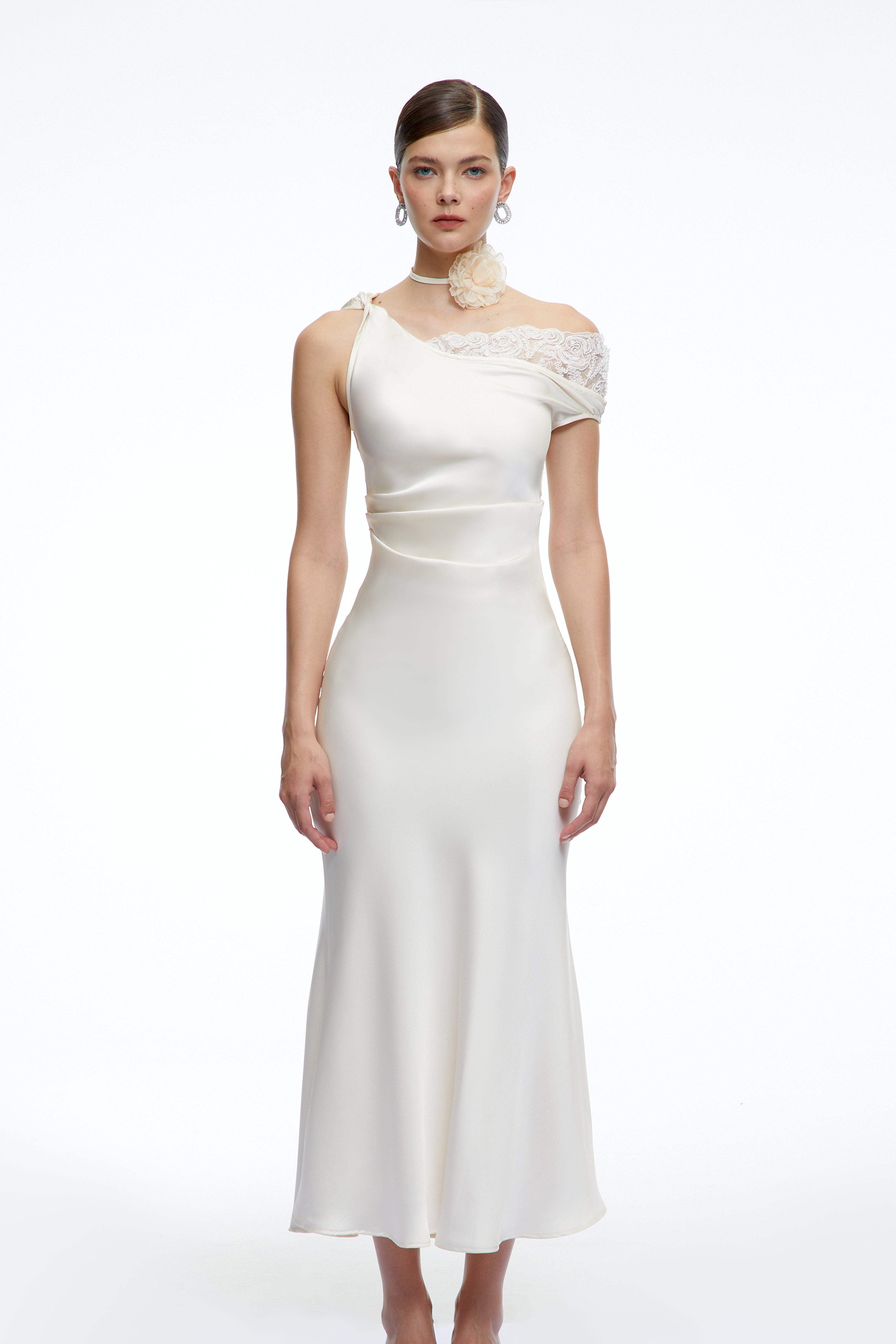 Ysilde White Asymmetrical Satin Midi Dress with Lace Trim