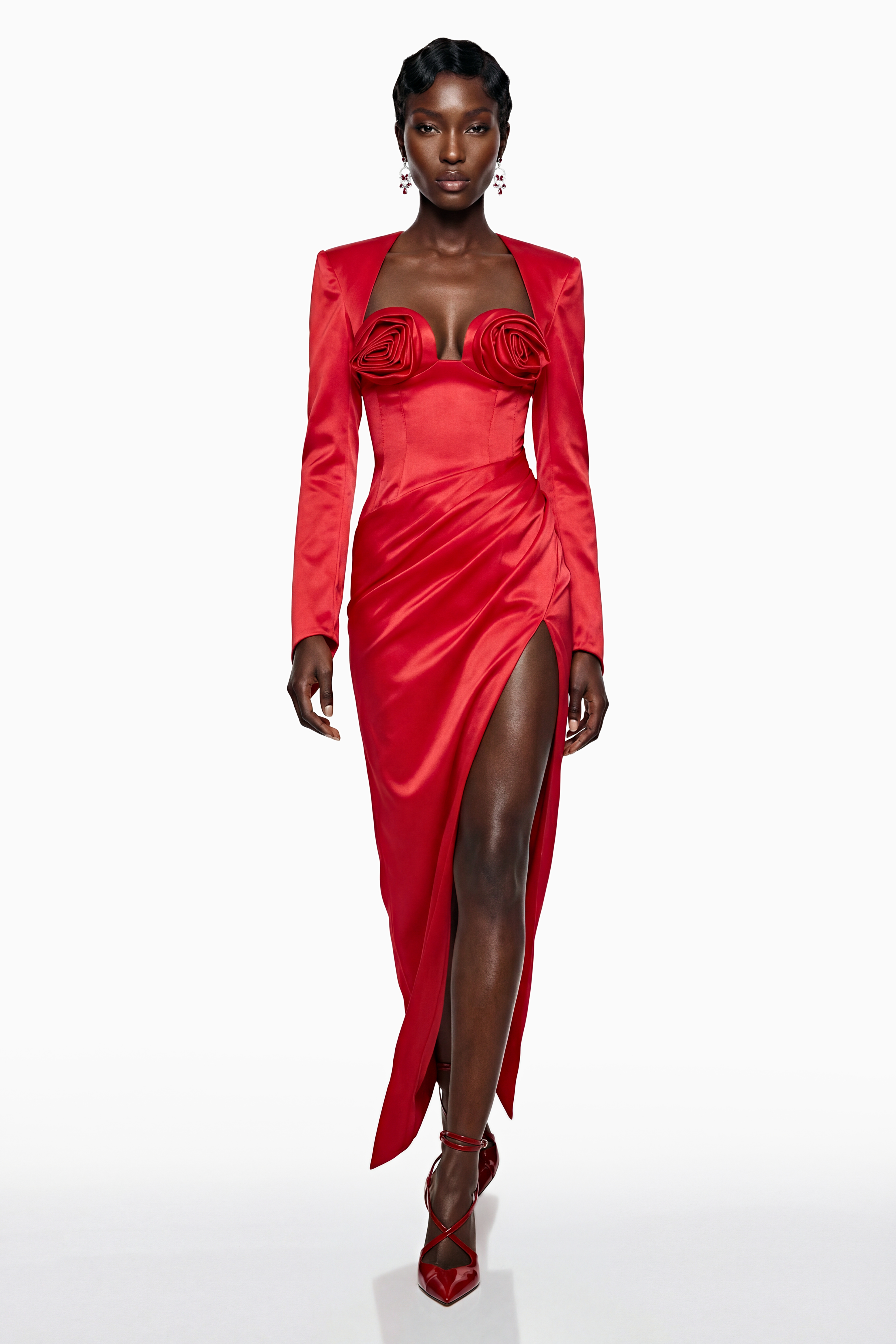 Zanele Red Ruched Maxi Dress with 3D Petals (Final Sale)