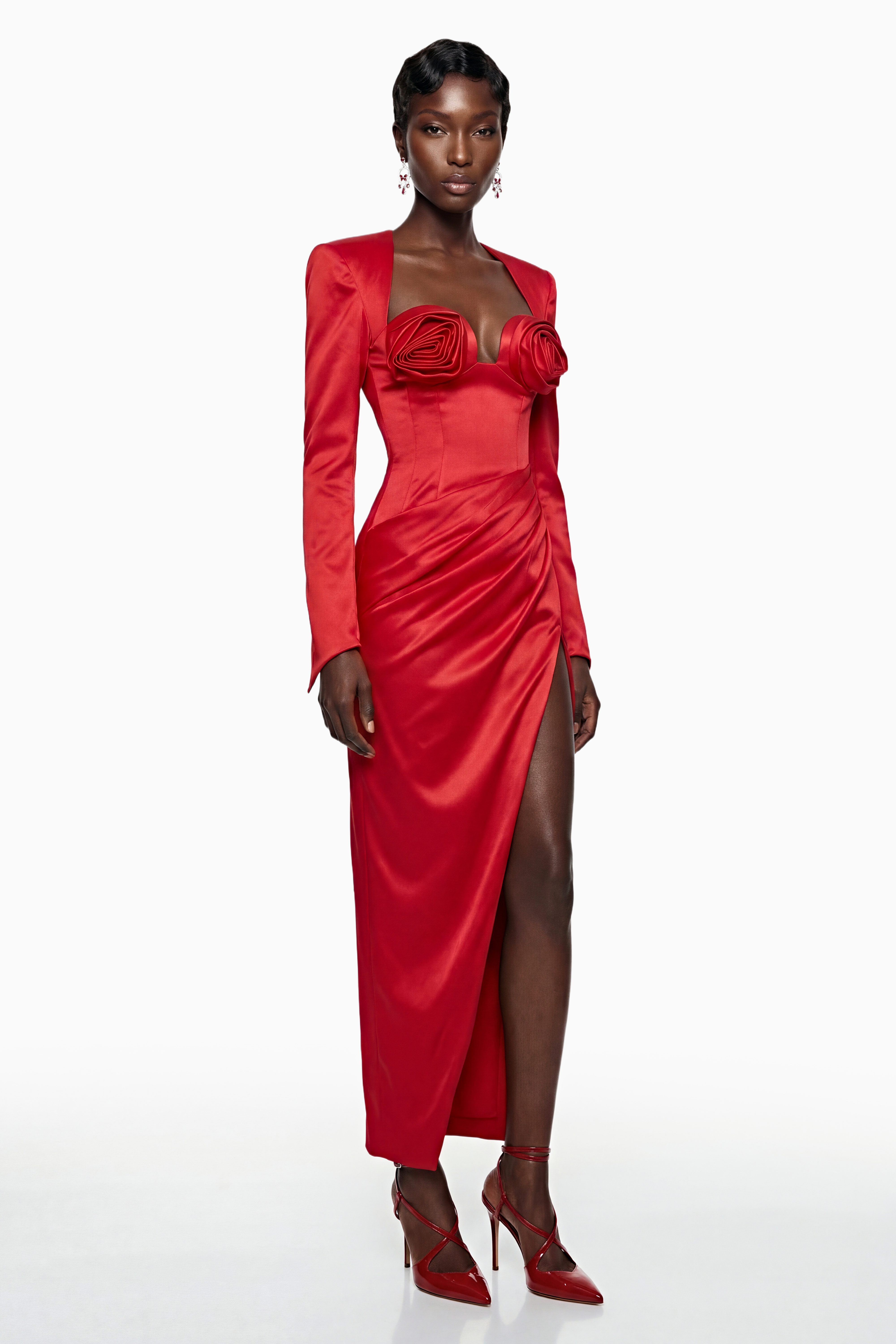 Zanele Red Ruched Maxi Dress with 3D Petals (Final Sale)