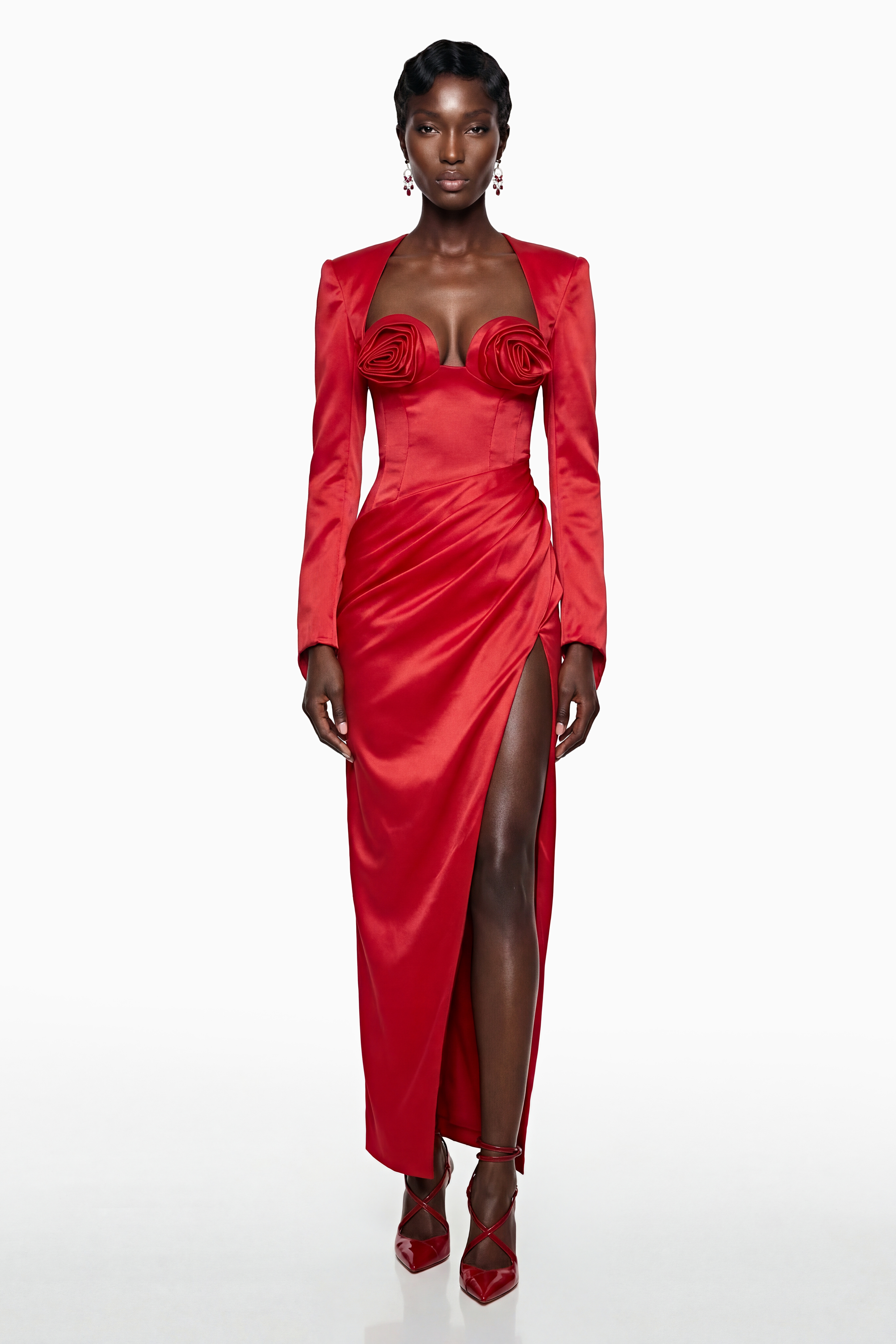 Zanele Red Ruched Maxi Dress with 3D Petals (Final Sale)