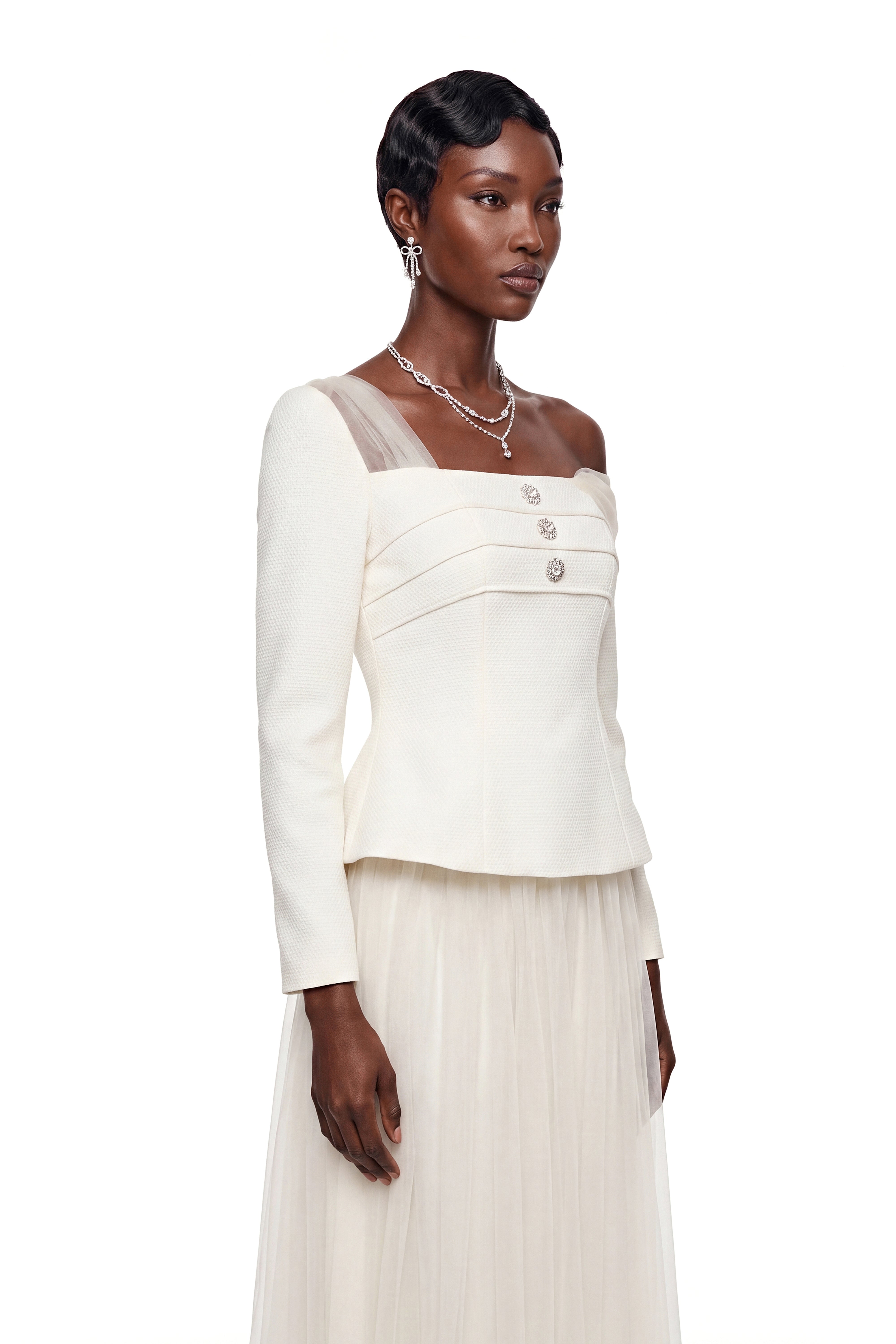 Zaria White Asymmetrical Blouse & Tulle Skirt Set