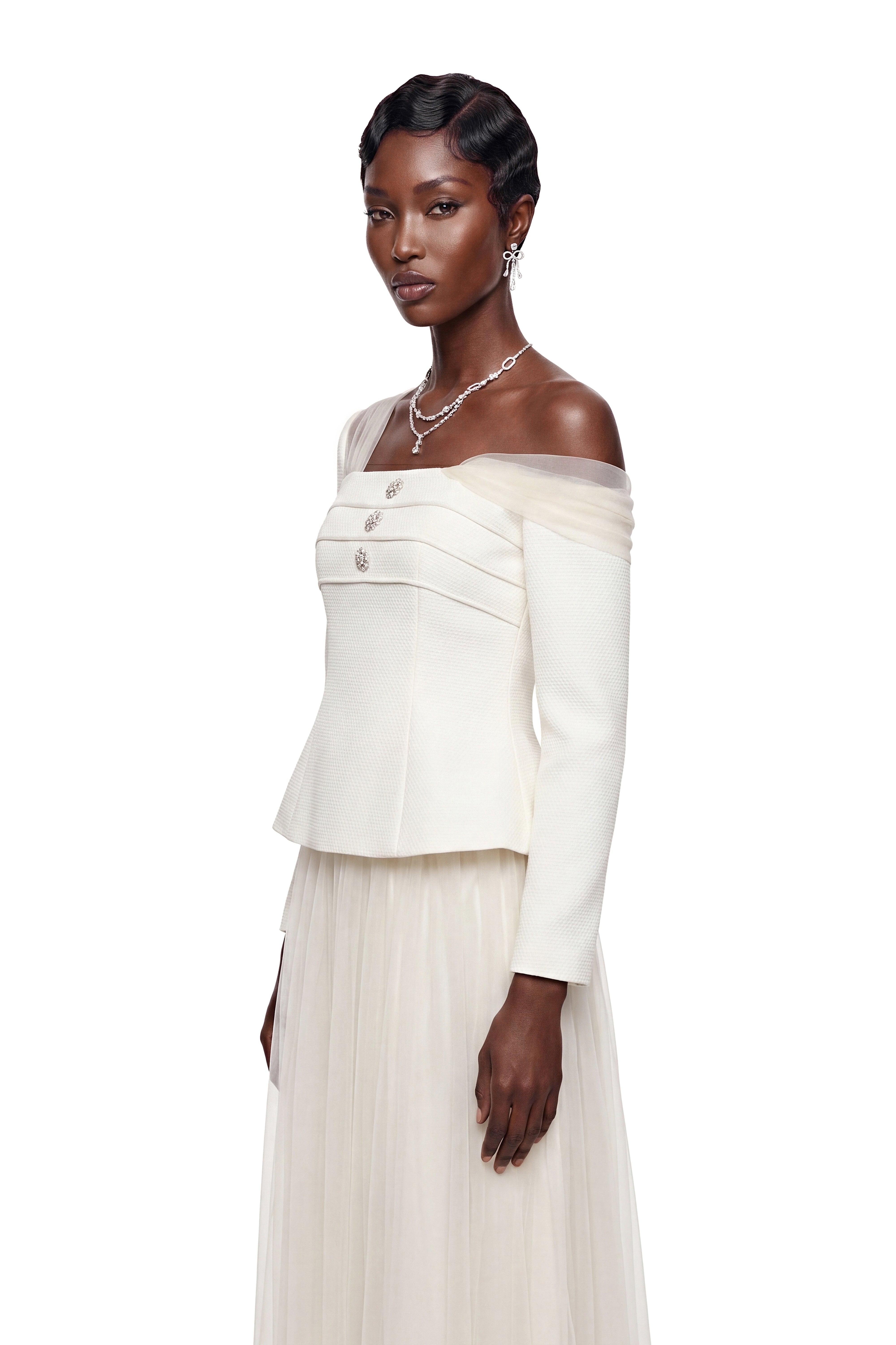 Zaria White Asymmetrical Blouse & Tulle Skirt Set