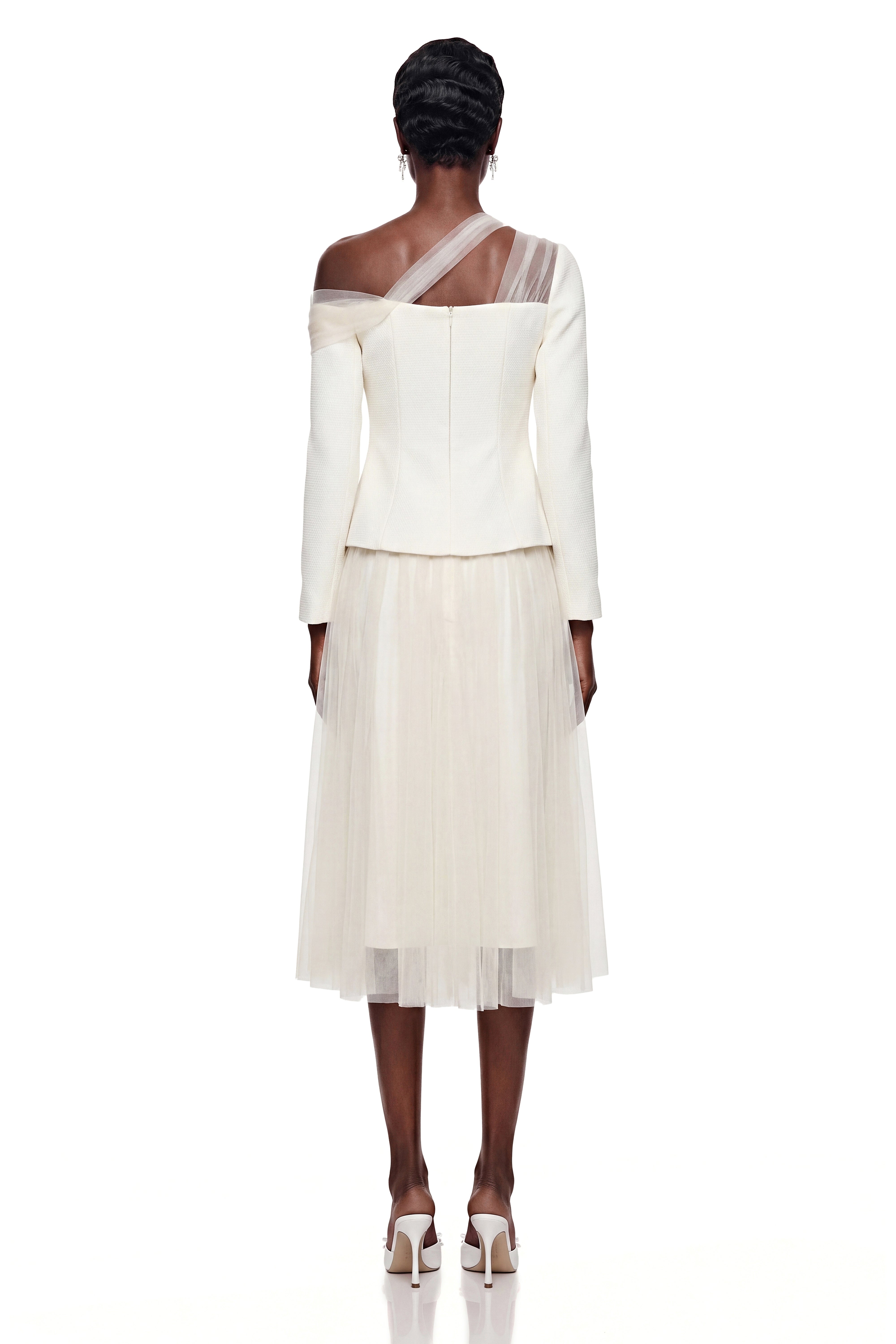 Zaria White Asymmetrical Blouse & Tulle Skirt Set