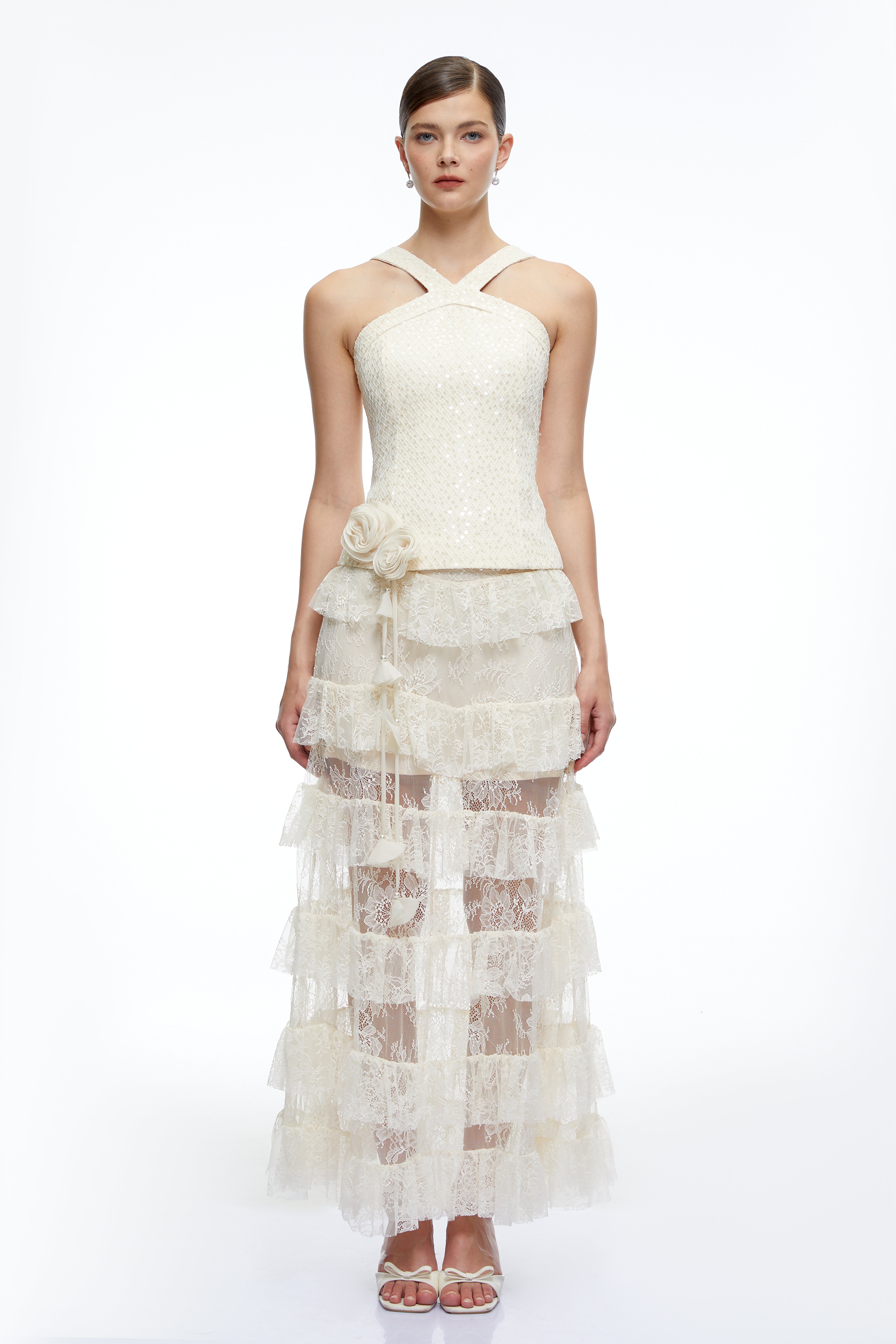 Zdenka White Halterneck Ruffled Top & Skirt Set