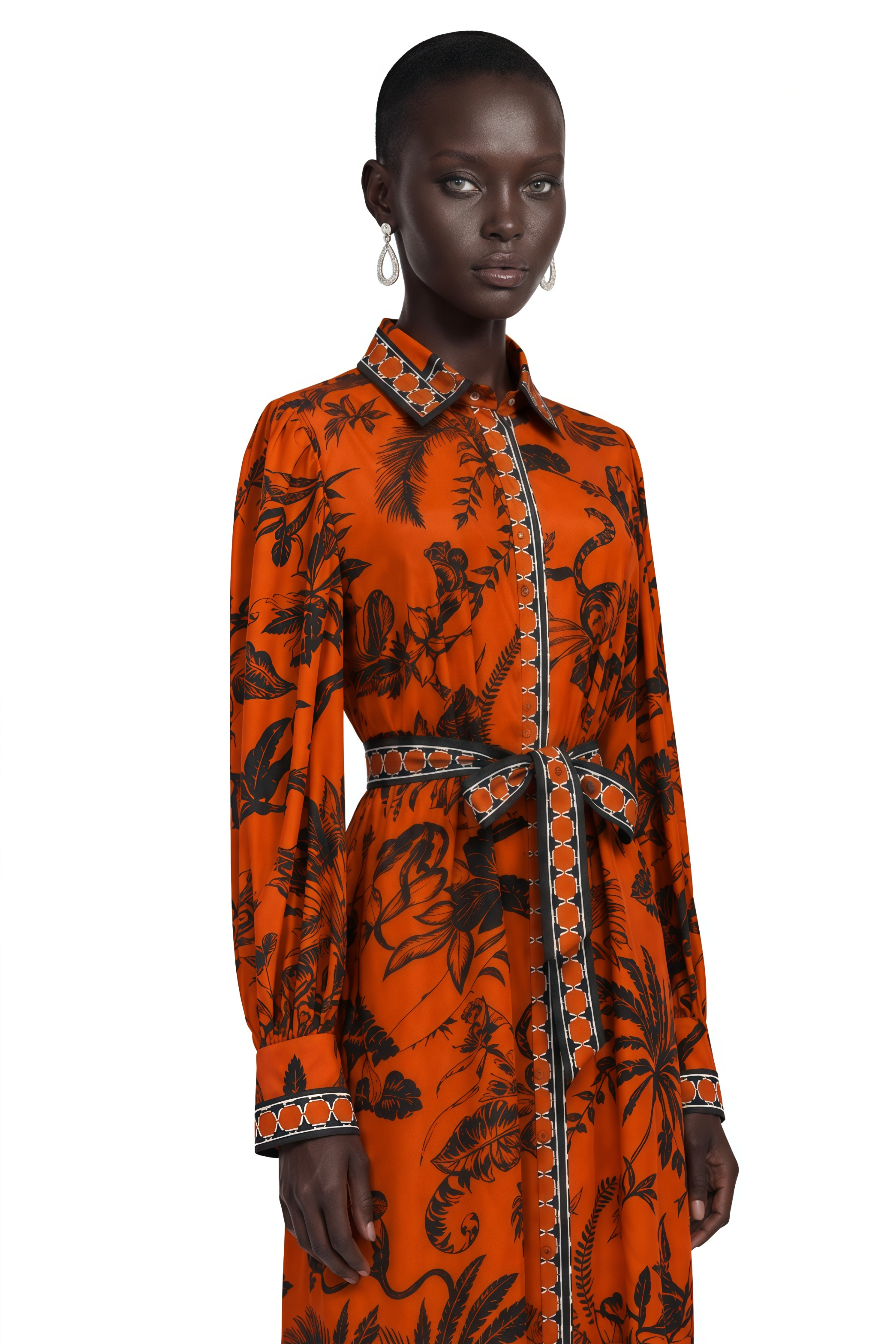 Zinnia Orange Printed Long Sleeve Midi Dress