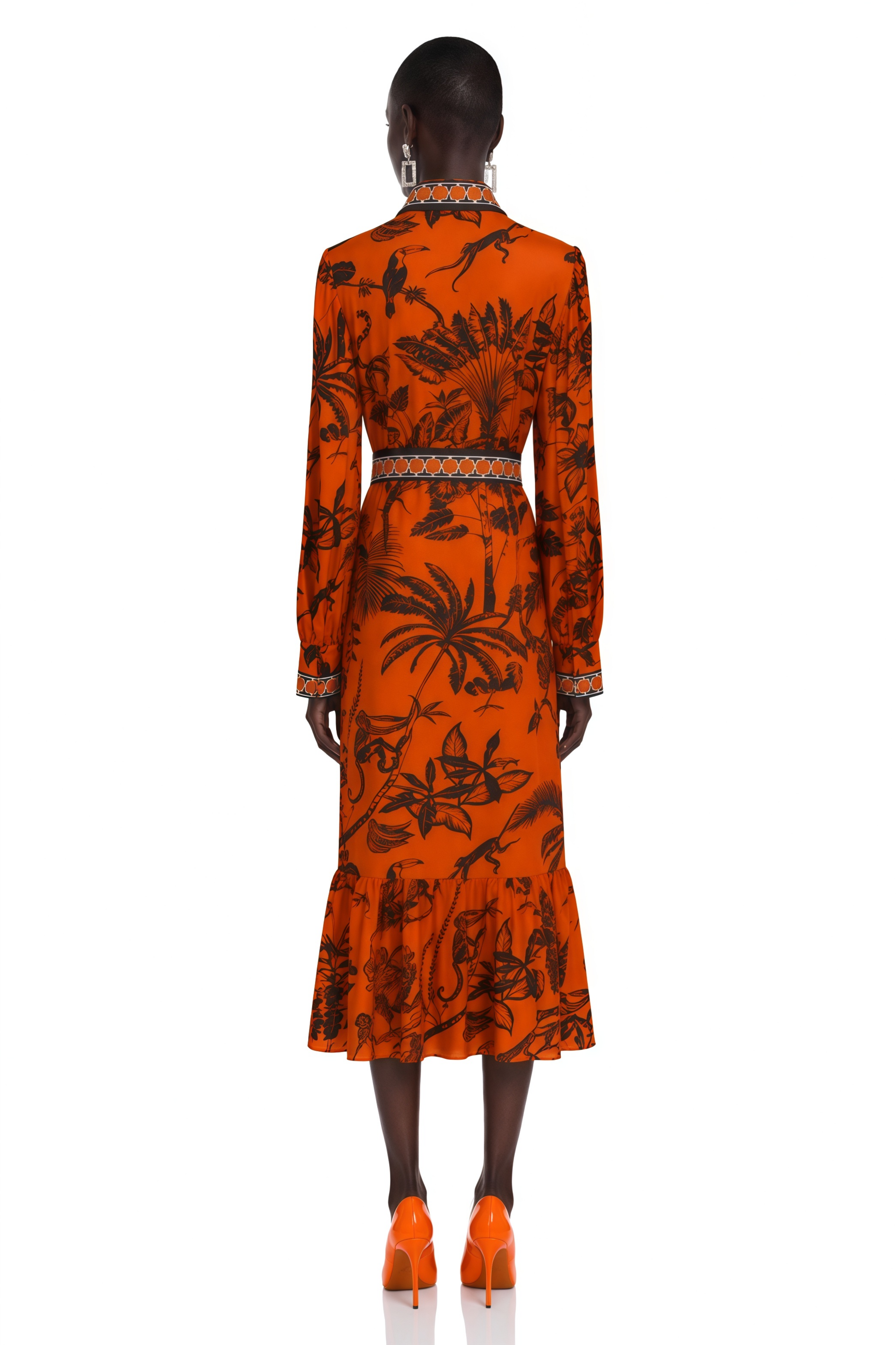 Zinnia Orange Printed Long Sleeve Midi Dress