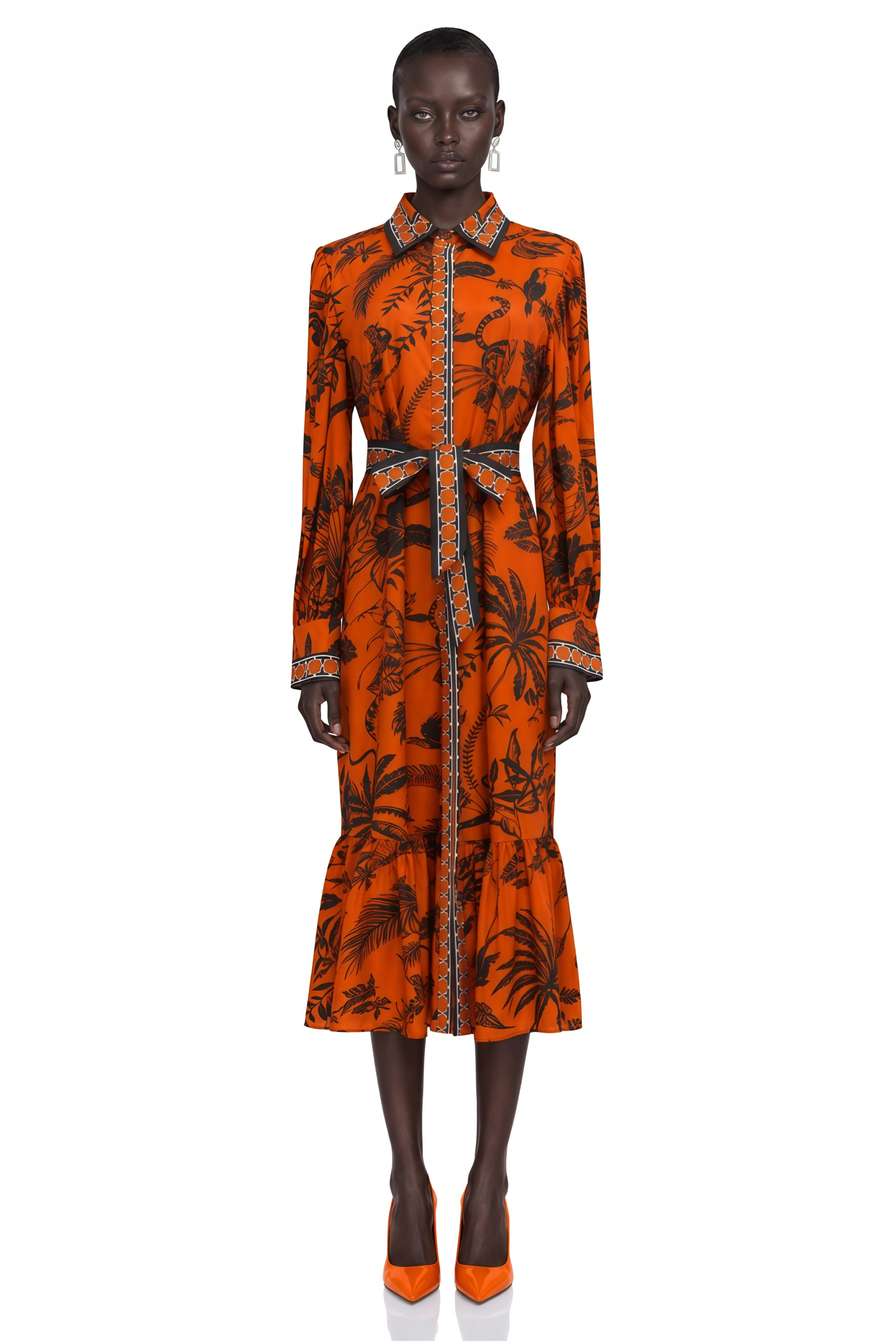 Zinnia Orange Printed Long Sleeve Midi Dress