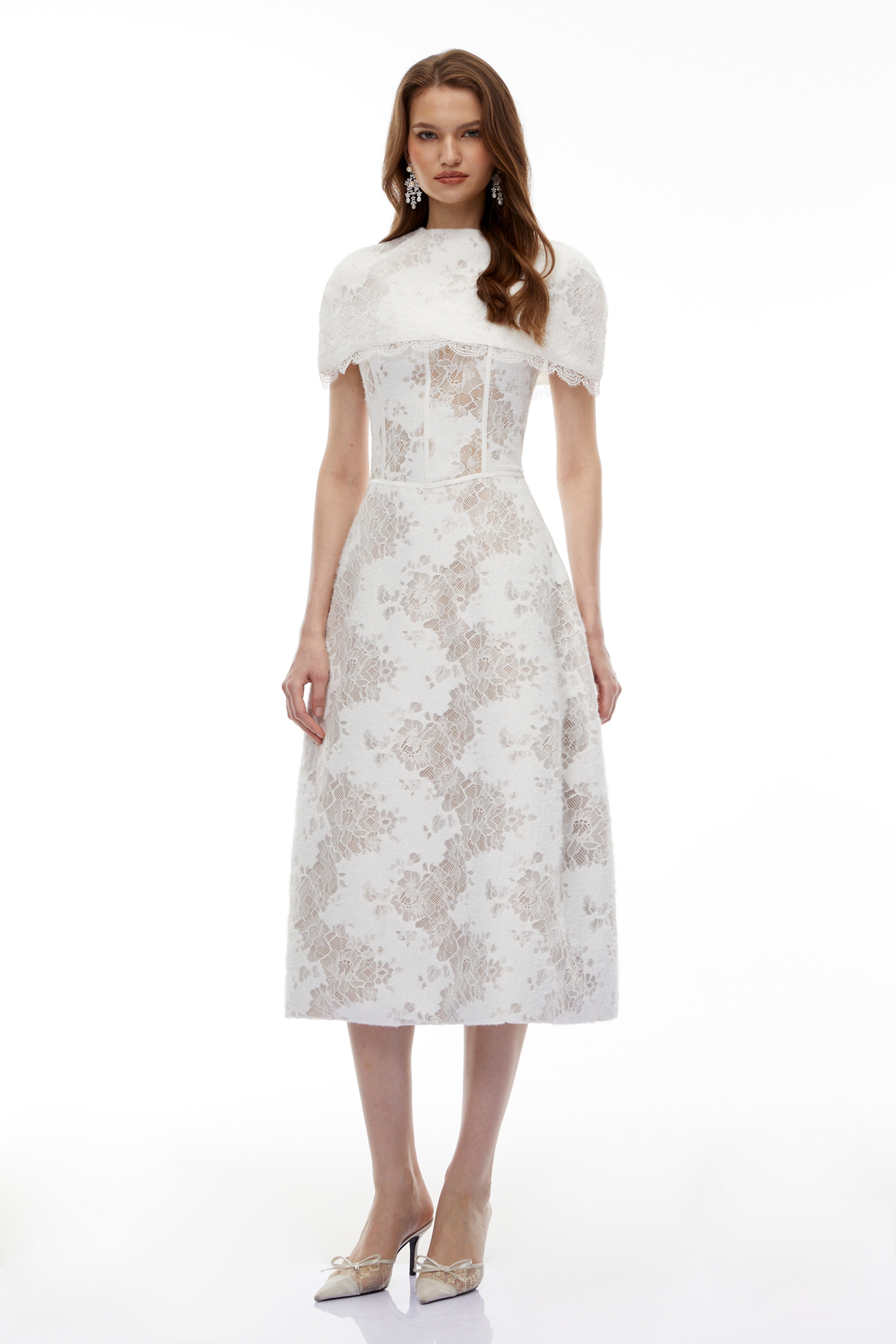 Zohar White Floral Lace Midi Dress with Cape