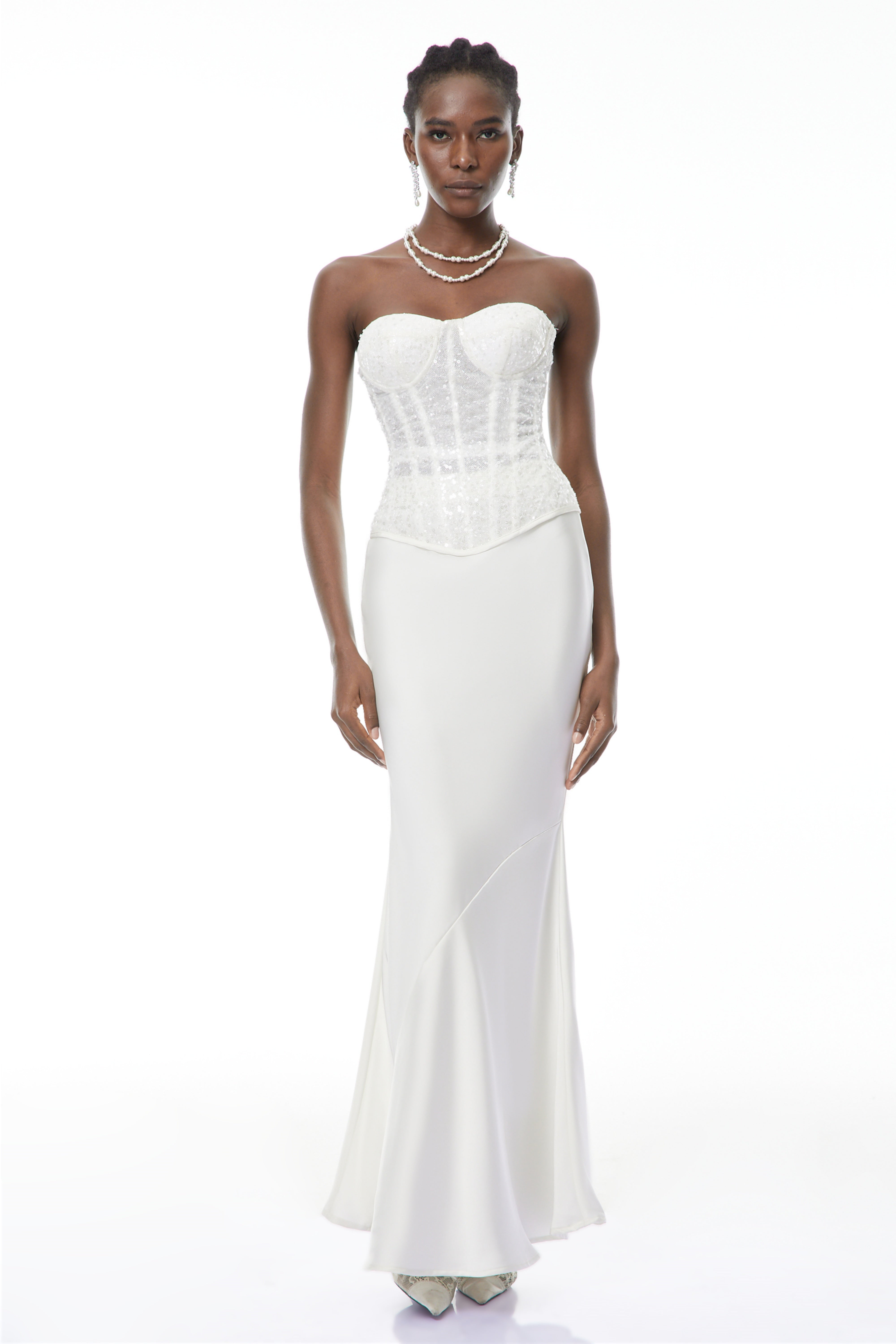Zora White Sequin Corset Top & Satin Skirt Set (Final Sale-US Only)