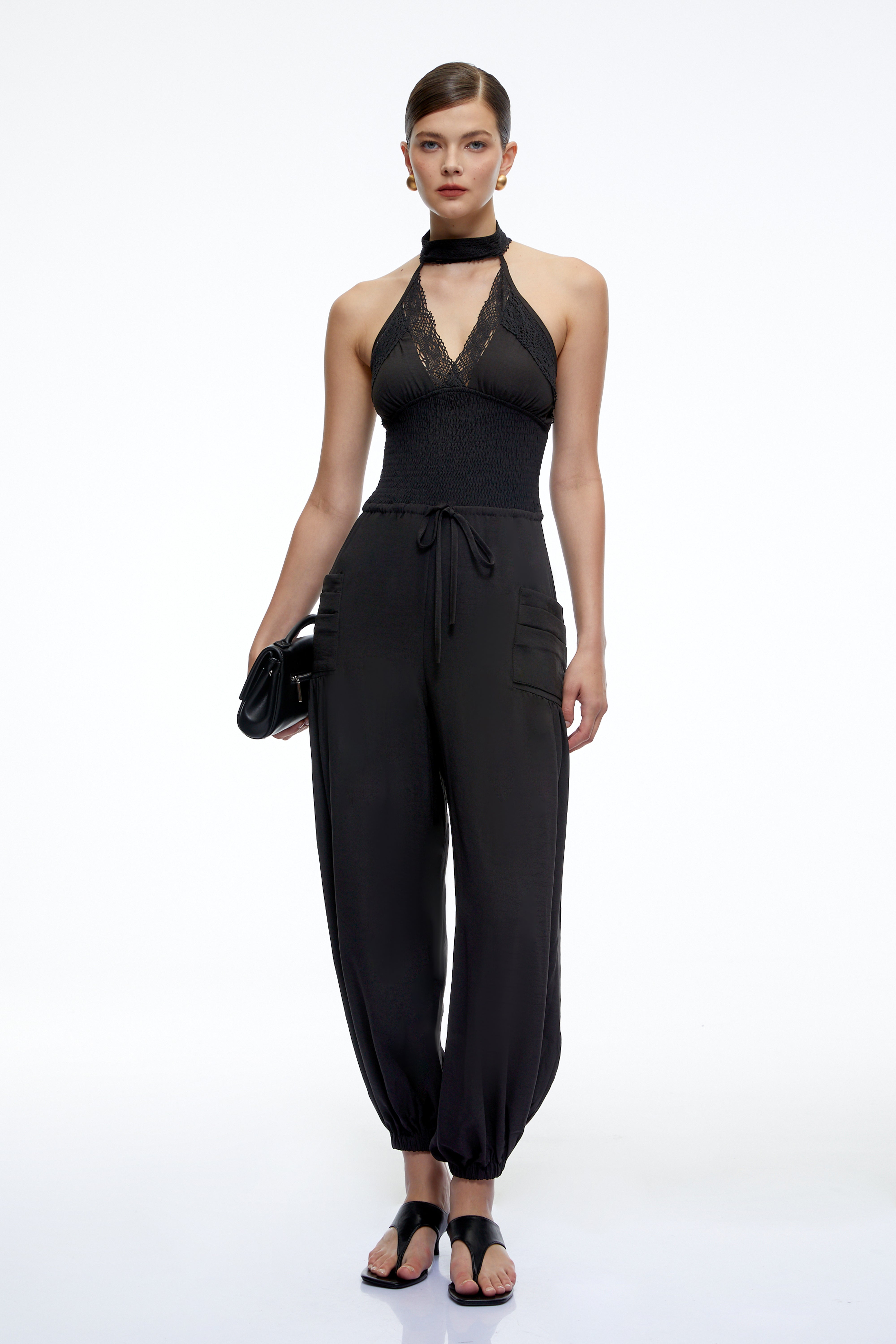 Zylia Black Halter Lace Wide Leg Jumpsuit