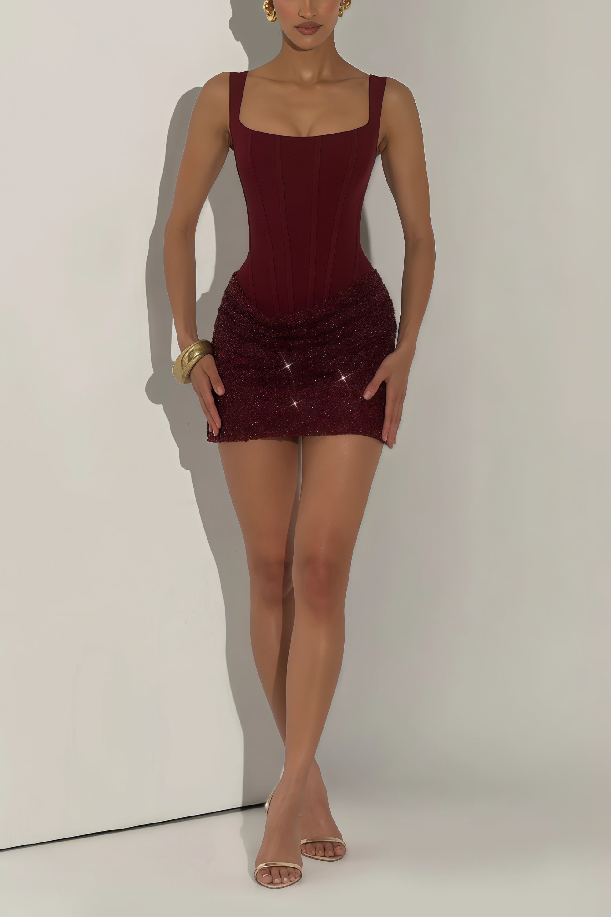 Burgundy Mini Dress with Boned Bodice