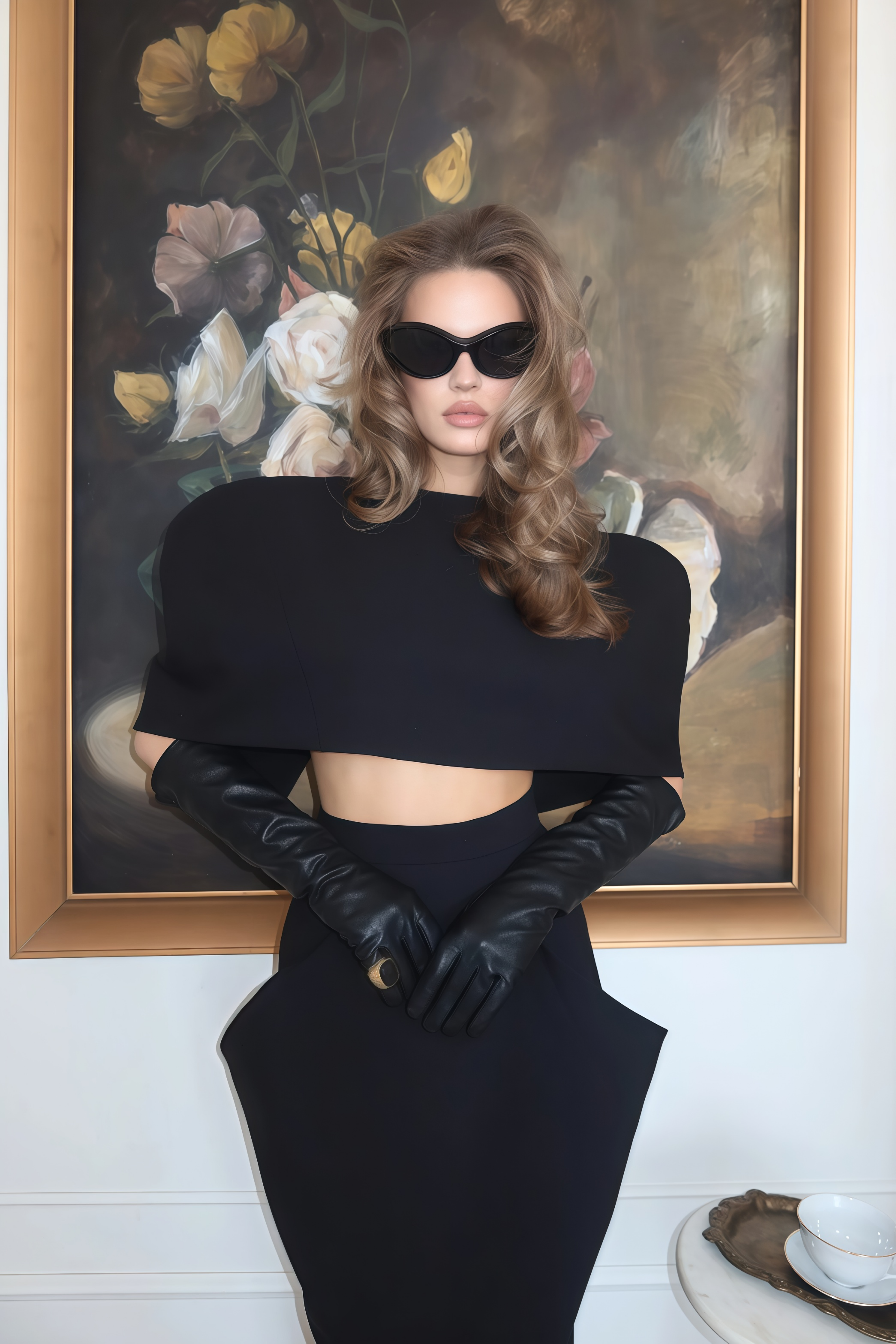 Black structured two-piece midi set with a boxy crop top and an exaggerated hip midi skirt