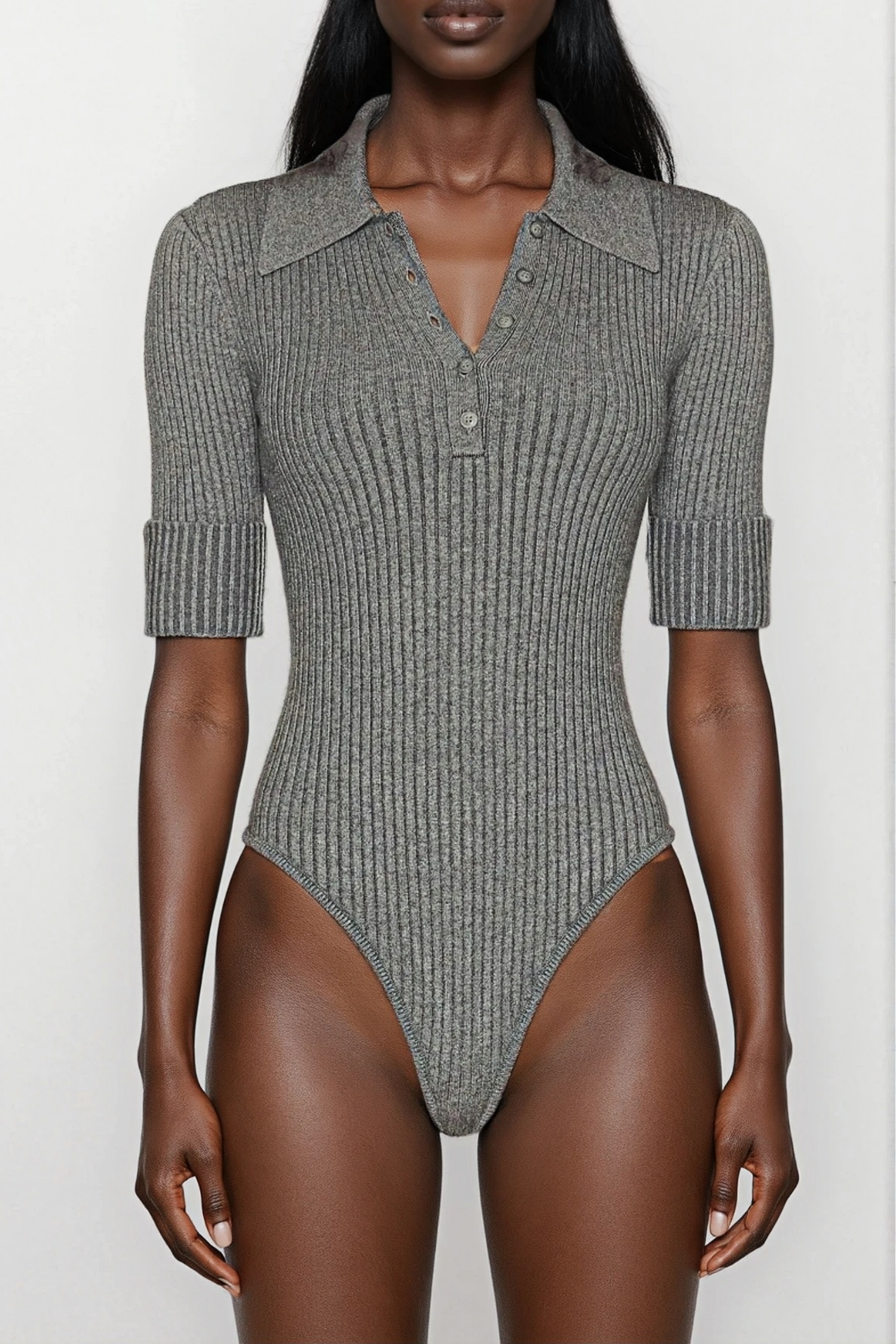 Grey Ribbed Knit Bodysuit & Trousers Set