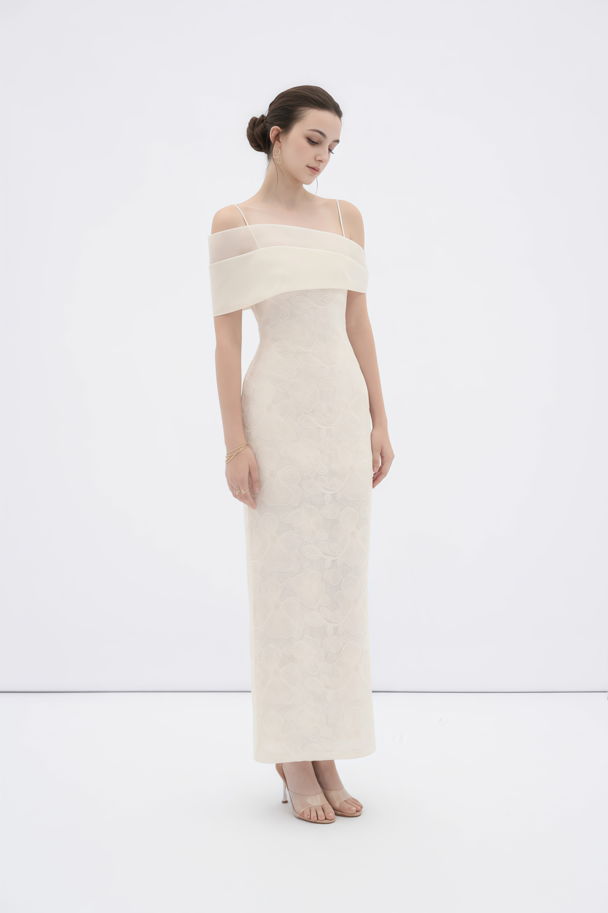Ortensia Neutral Floral Lace Pencil Maxi Dress (Final Sale-US Only)