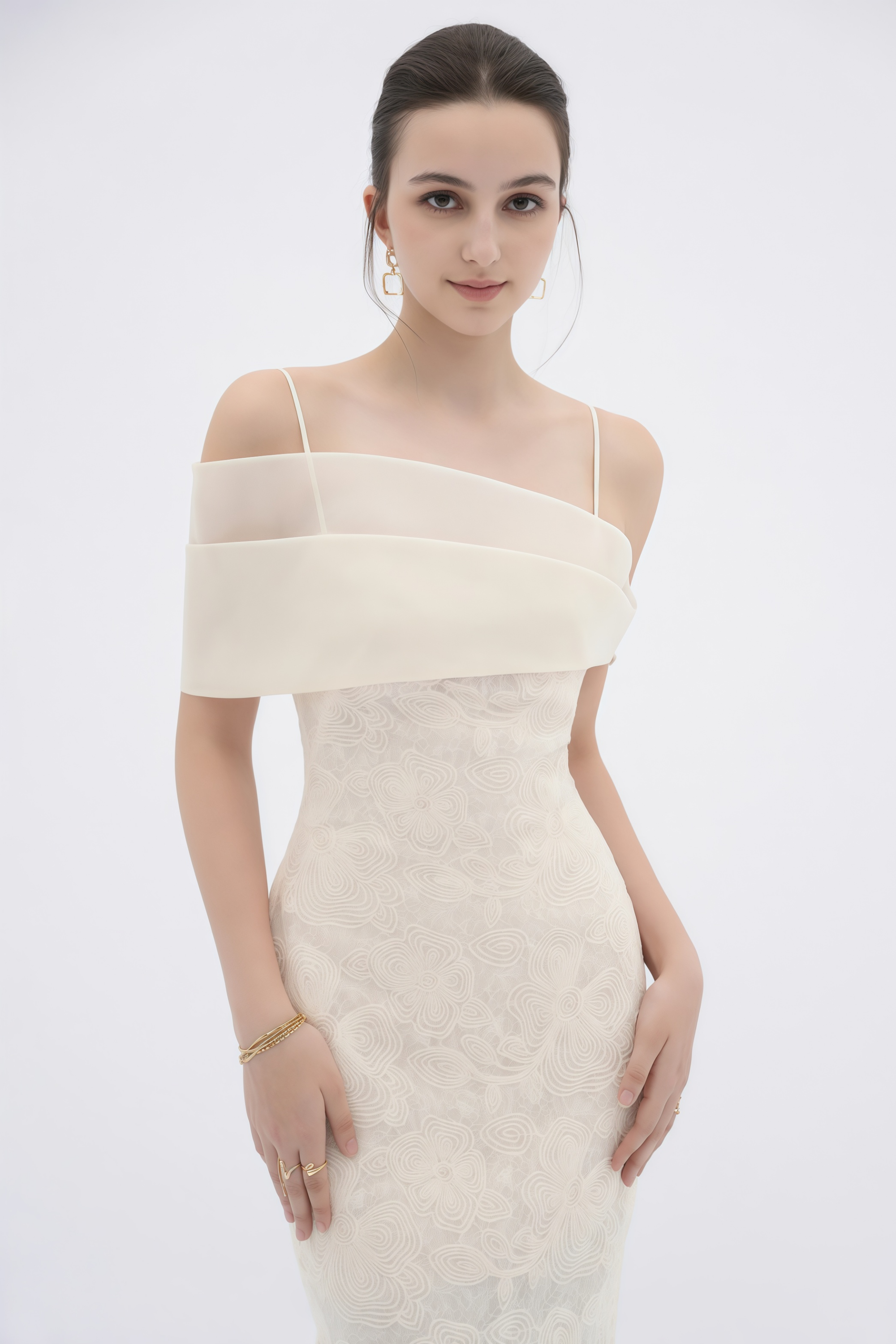 Ortensia Neutral Floral Lace Pencil Maxi Dress (Final Sale-US Only)