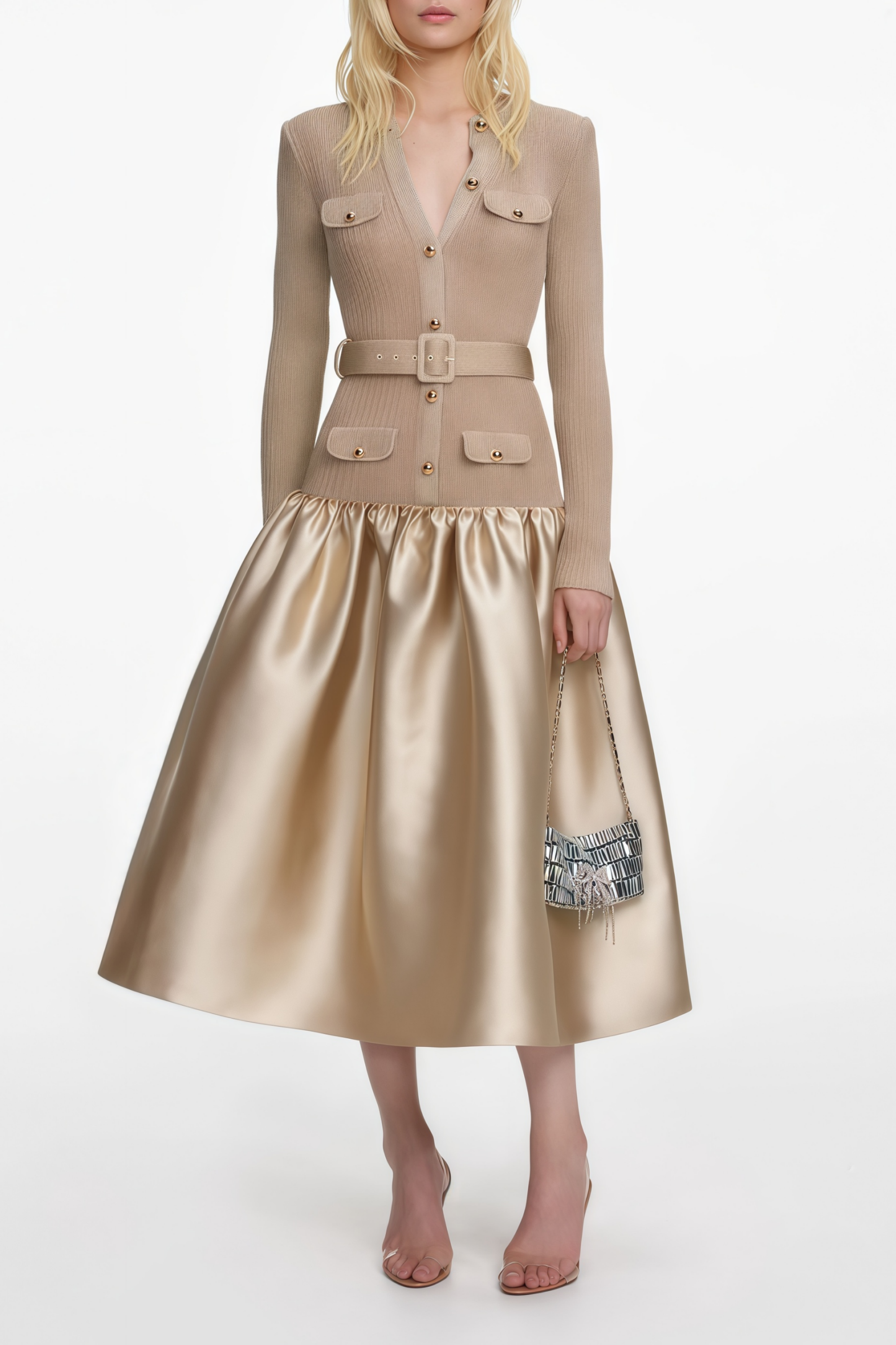 Gold Knit Taffeta Midi Dress
