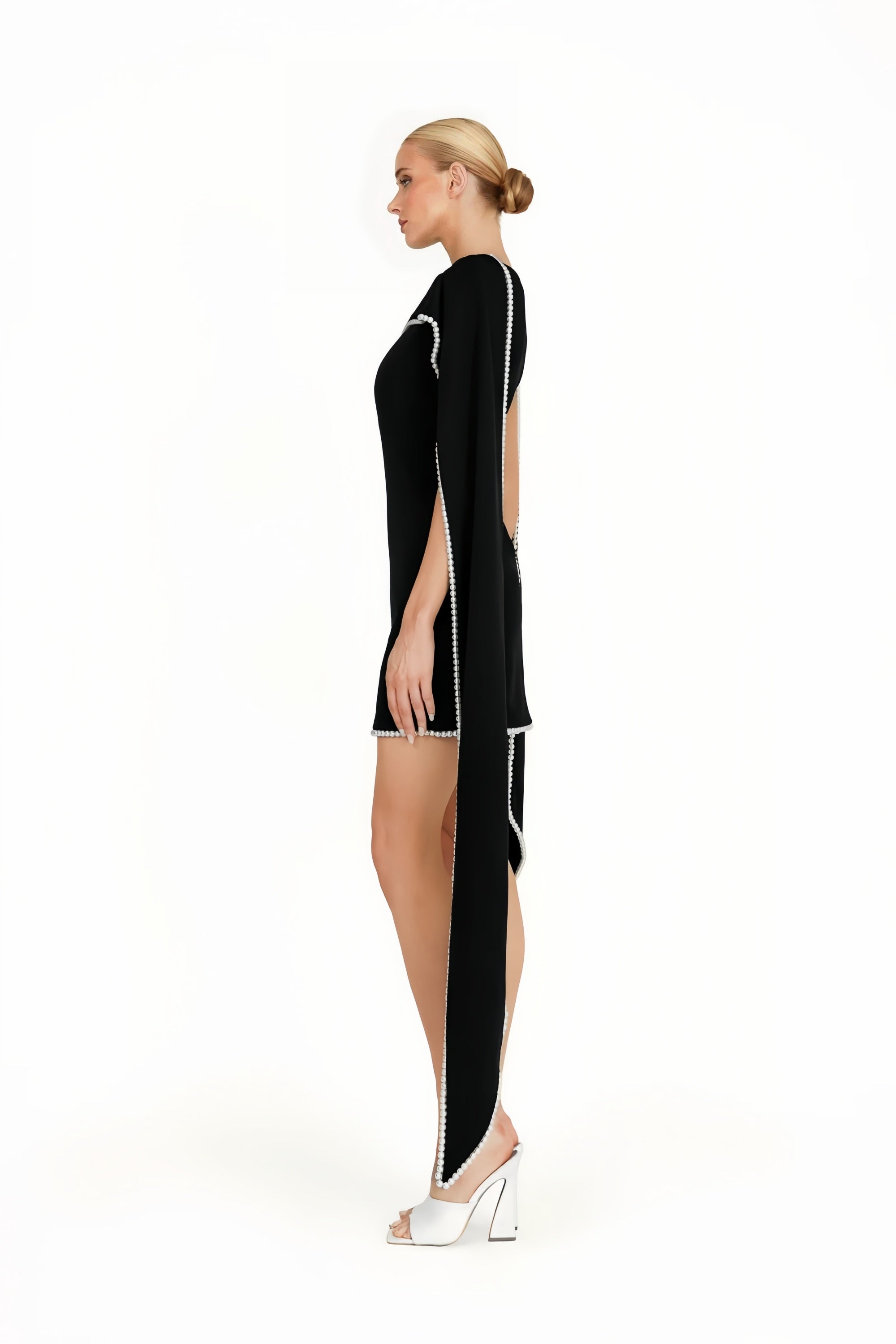 Piroska Black Sleeveless Pearl Trim Mini Dress