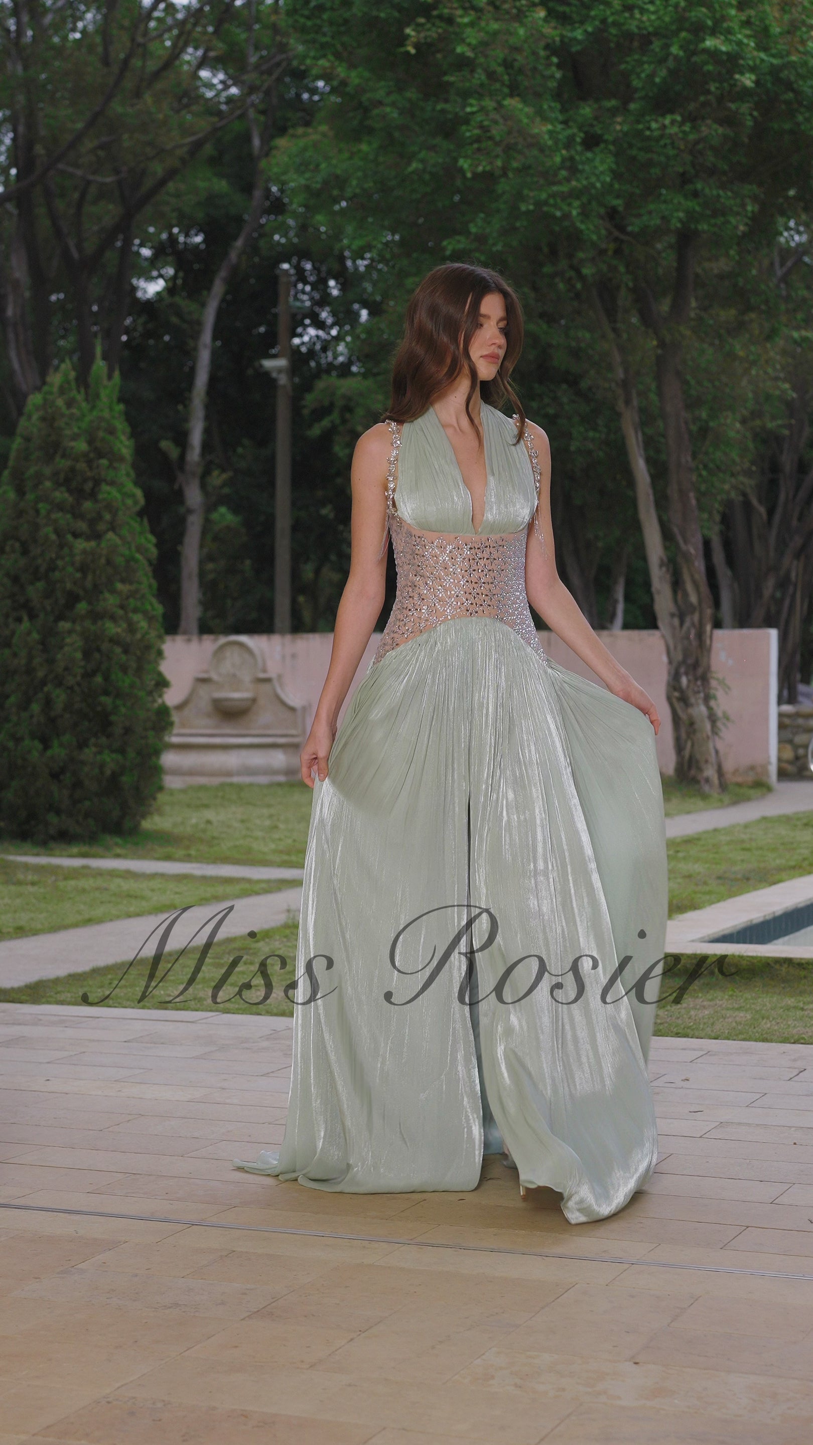 Green Rhinestone Panel Maxi Dress