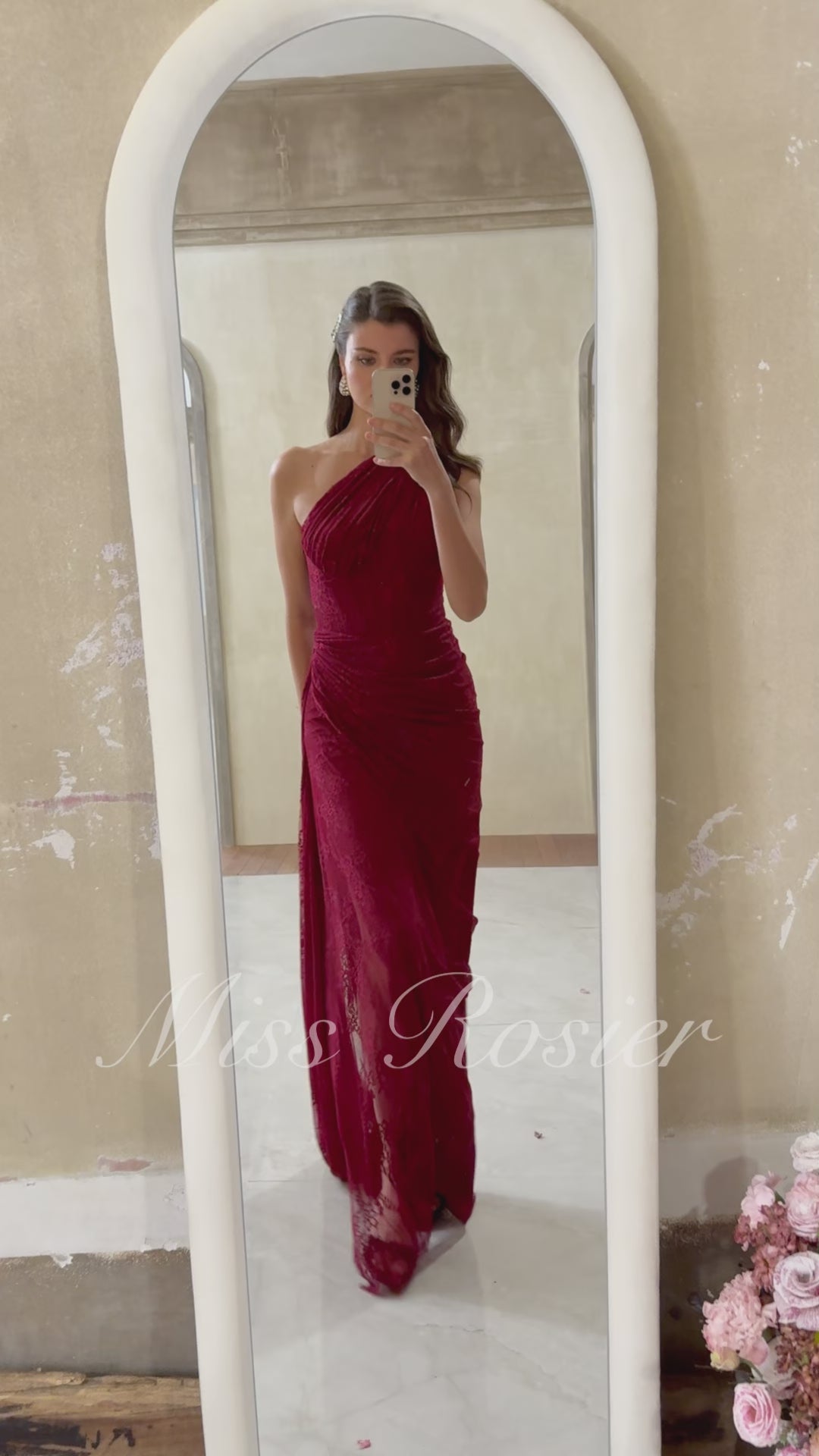 One Shoulder Lace Dress in Burgundy