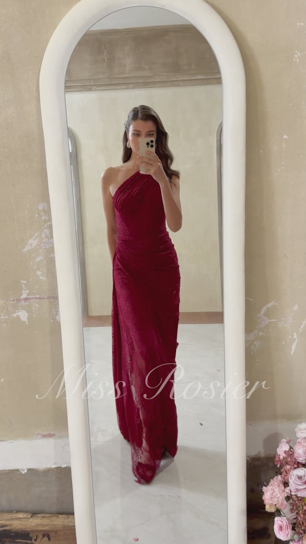 One Shoulder Lace Dress in Burgundy