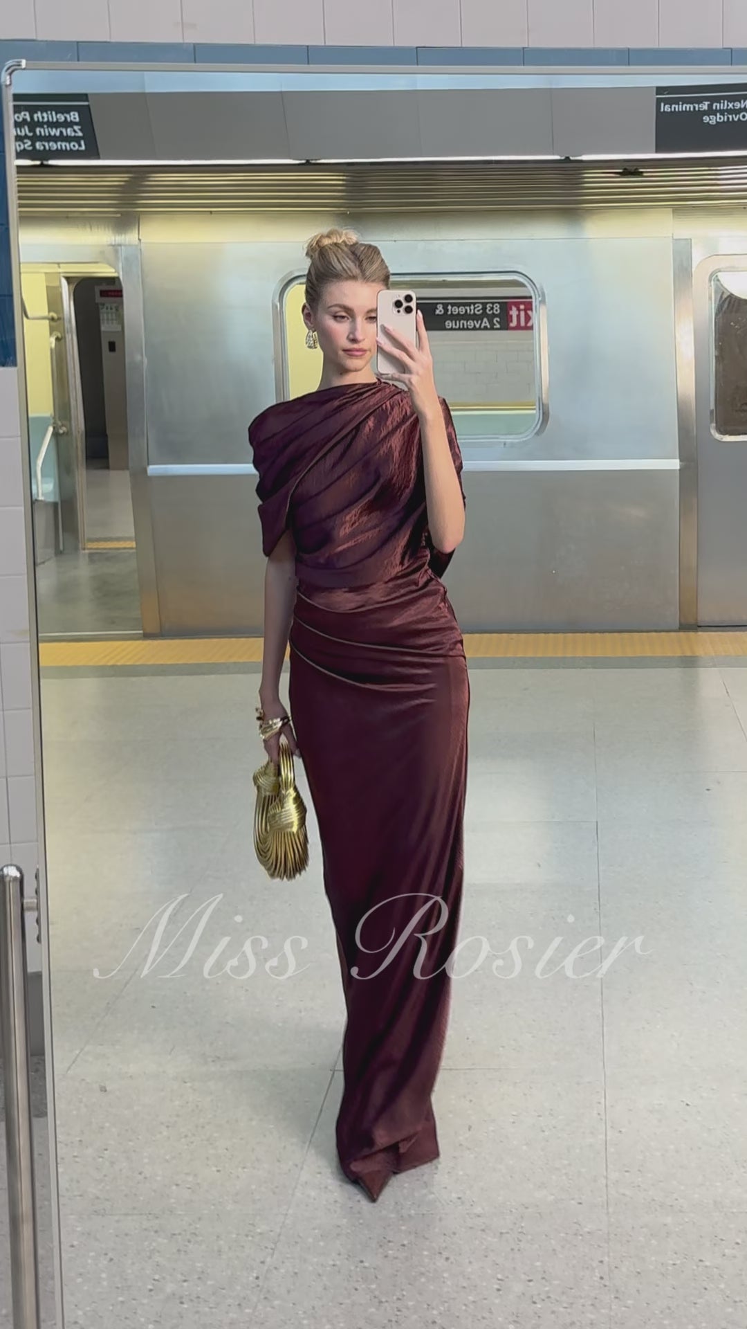 Asymmetrical Gathered Satin Maxi Dress