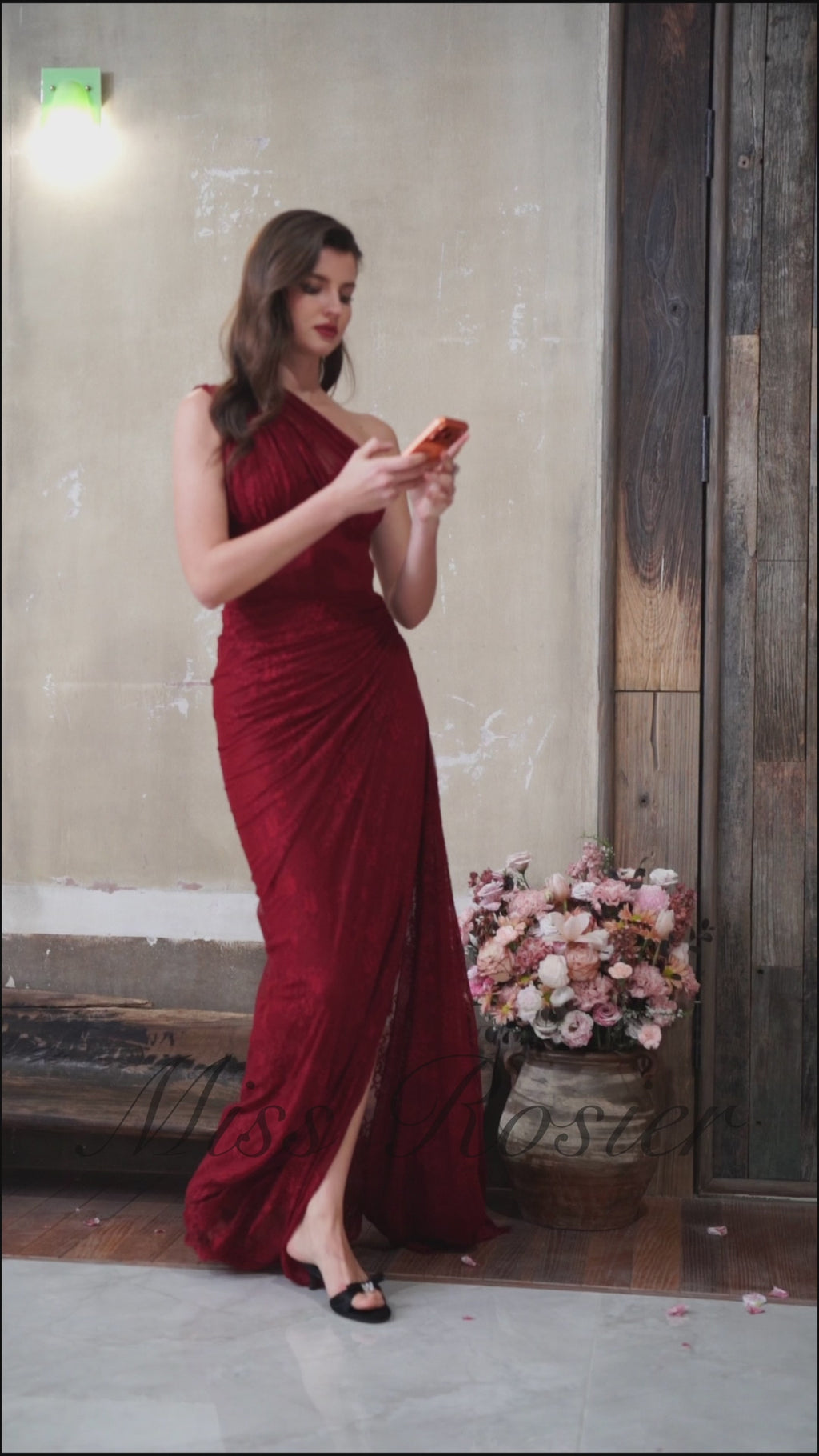 One Shoulder Lace Dress in Burgundy