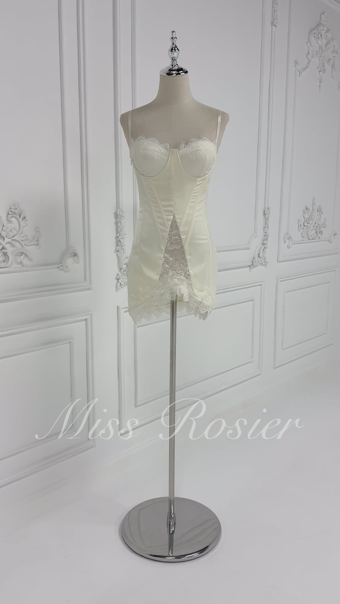 White satin corset mini dress with lace inserts and trim