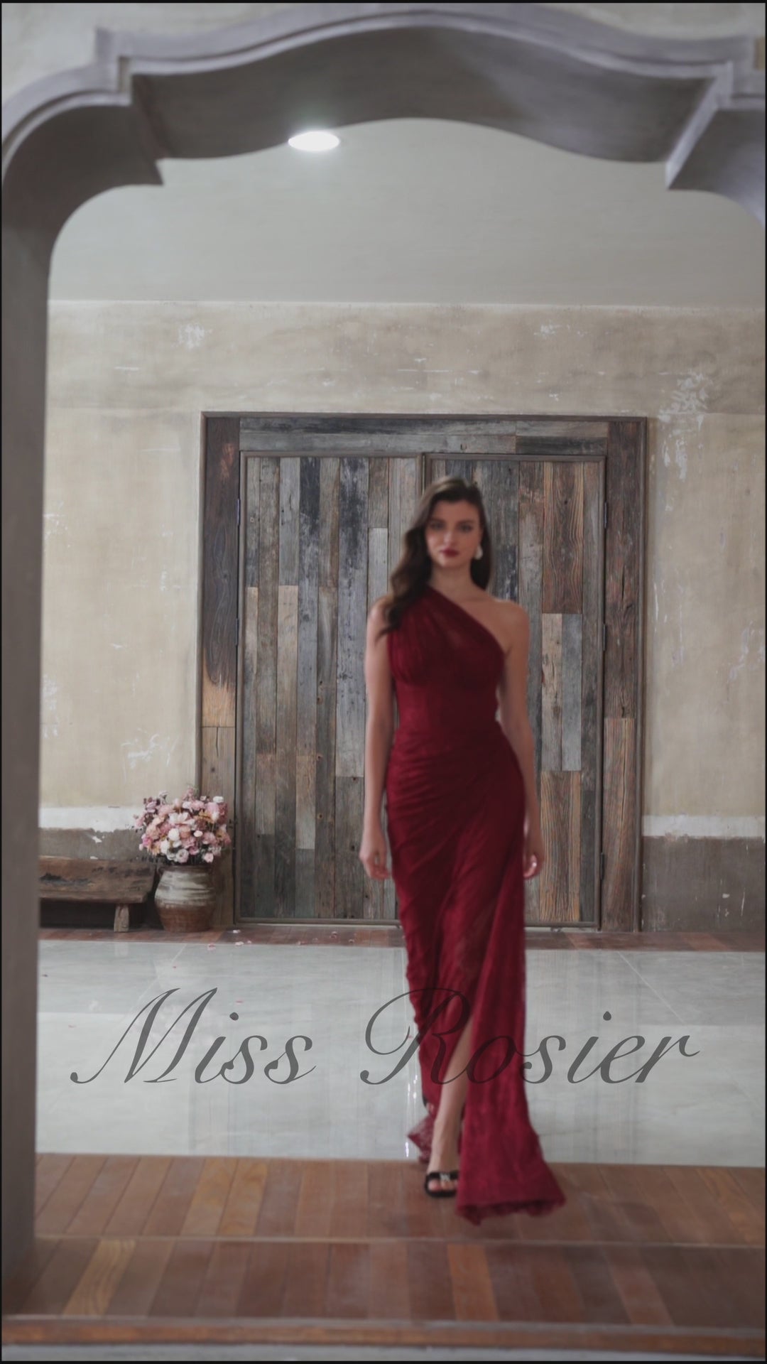 One Shoulder Lace Dress in Burgundy