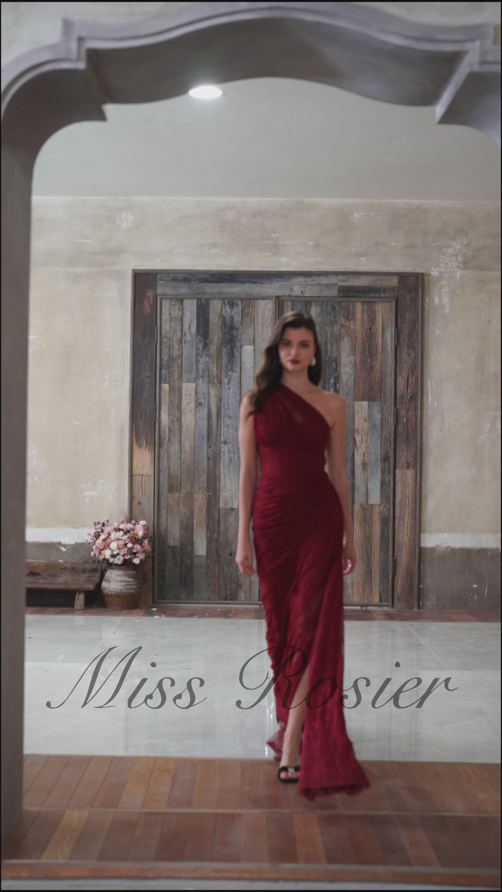 One Shoulder Lace Dress in Burgundy
