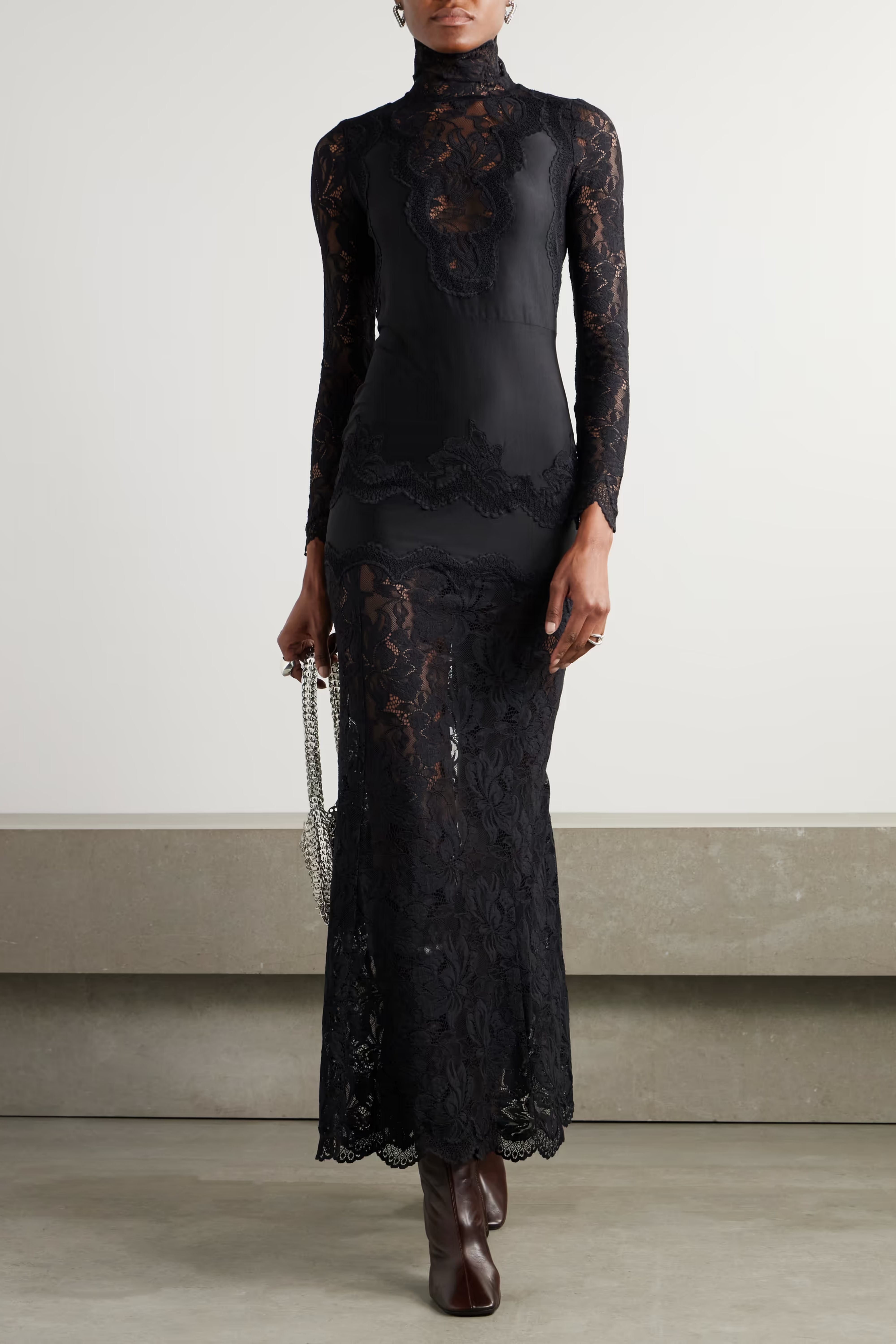 Lace-trimmed Maxi Dress in Black
